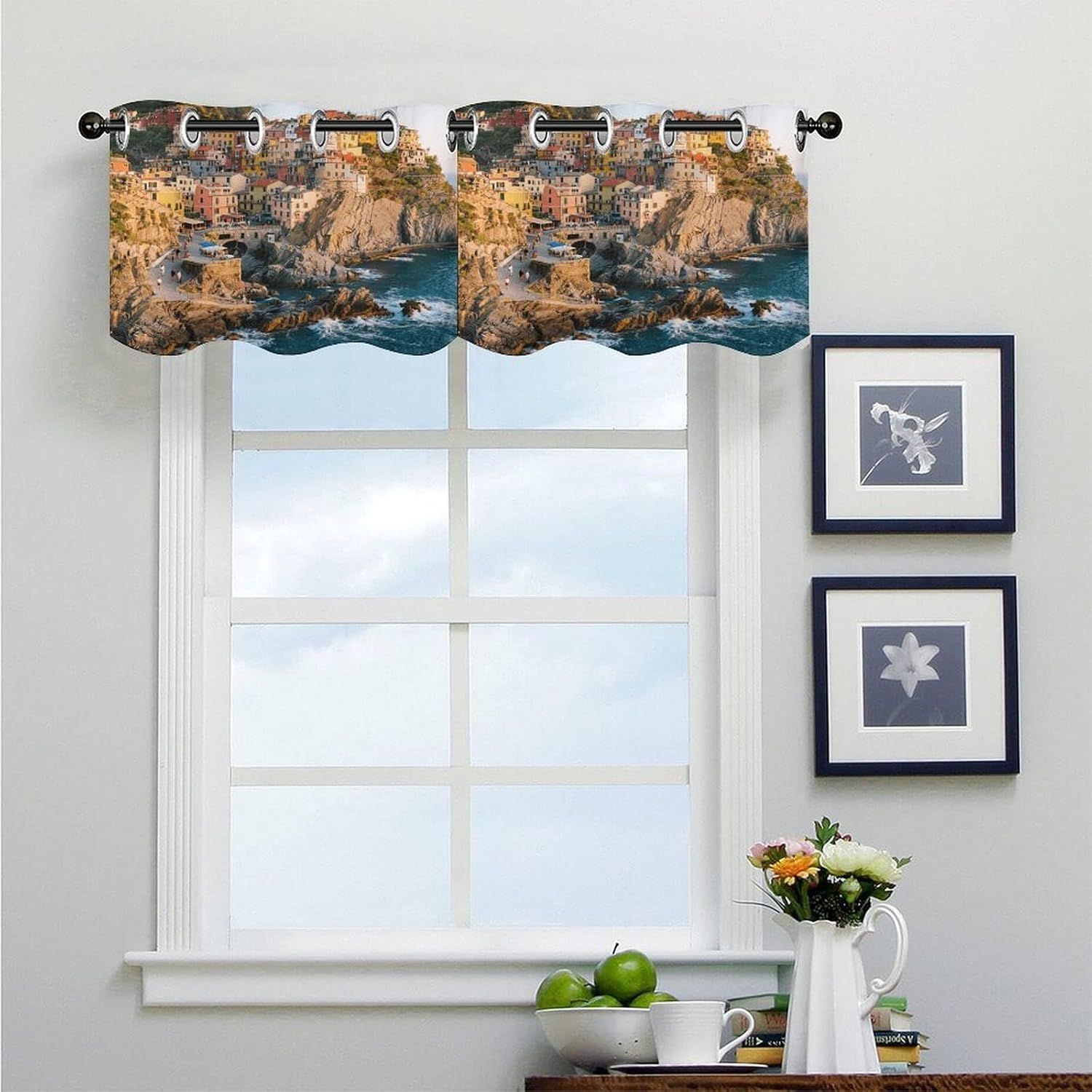 Coastal Town Cliff Curtain 2 Panels, Polyester Fiber, Blackout Insulated Window Curtain, Curtain Valance for Kitchen Dining Room Living Room Cafe Small Window 52 * 18.1 Inches