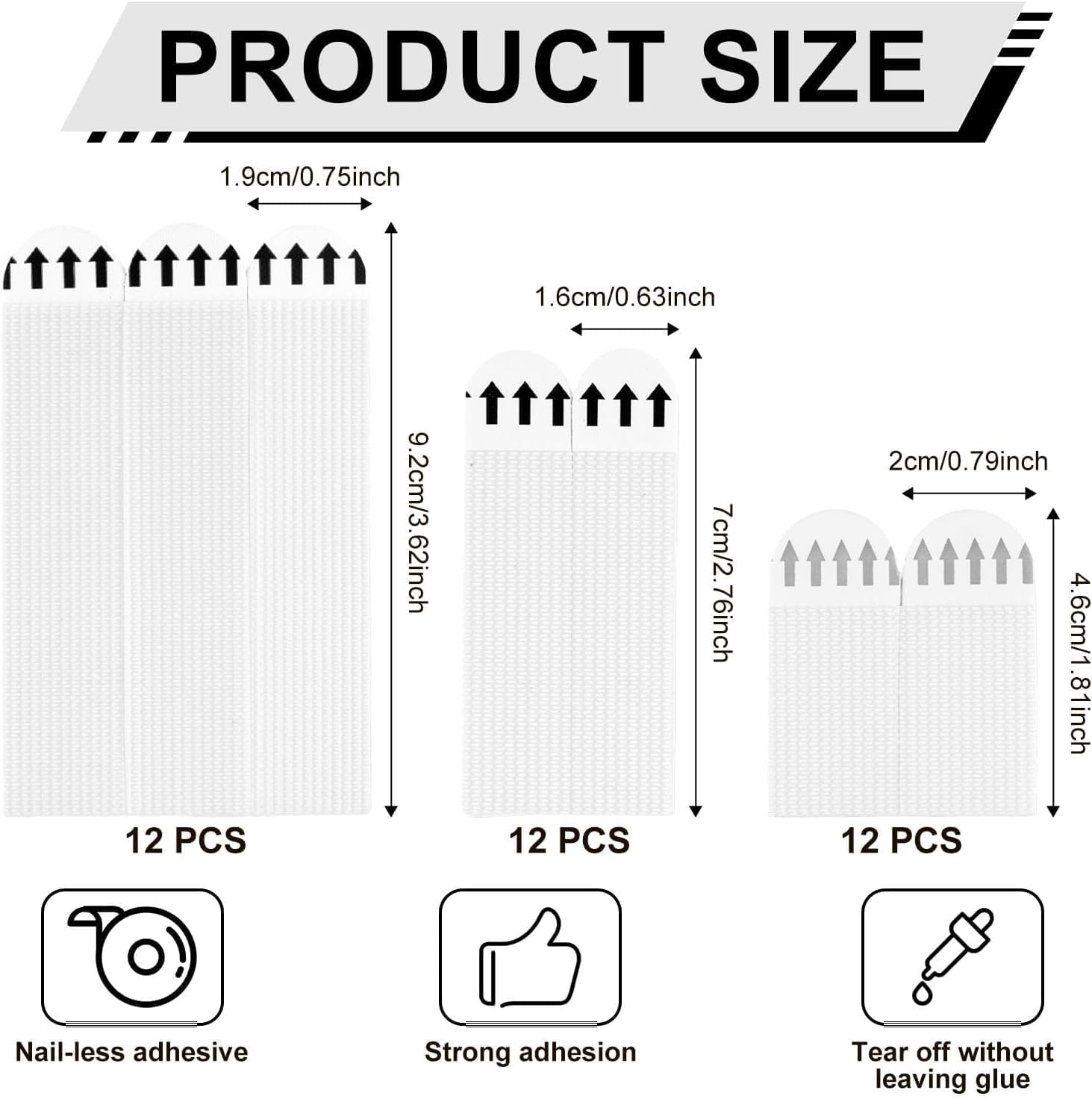 36 Pairs(72pcs) Picture Hanging Strips, 3 Sizes Picture Hangers Heavy Duty Easy Hanging Adhesive Strips No Damage Hangers Without Nails Refill Mounting Strips for Frame and Wall