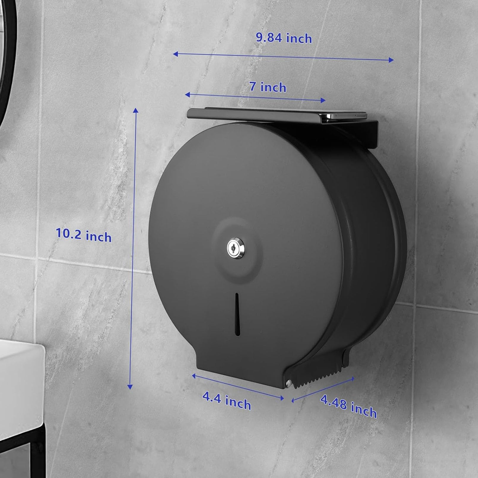 Dispensador de papel higiénico comercial montado en la pared con cerradura y estante para baño