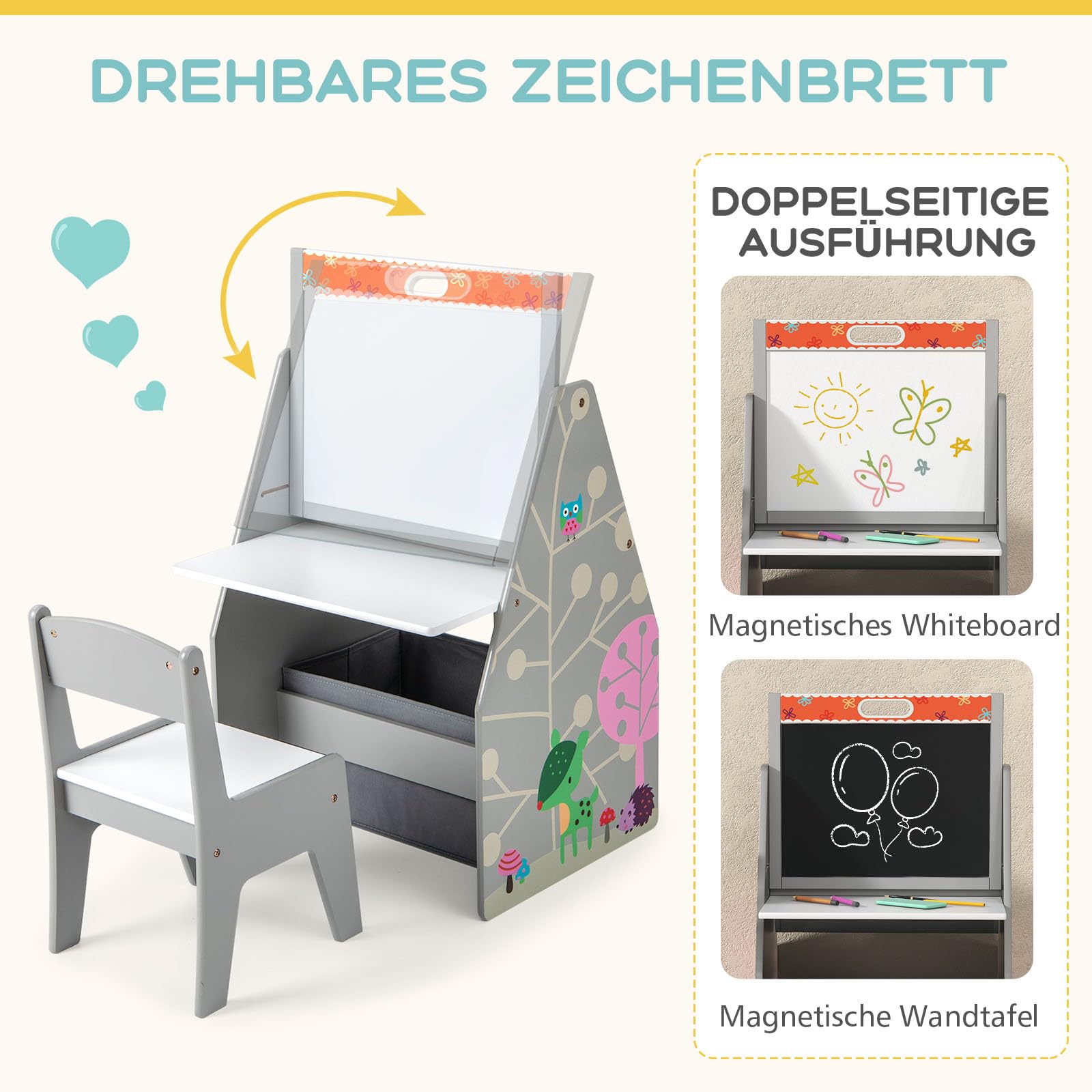 GOPLUS Kinderstaffelei Spieltisch mit Stuhl, Kindertisch und Stuhl-Set mit drehbarer doppelseitiger magnetischer Tafel & Whiteboard, Bücherregal & Aufbewahrungsfach, Maltisch für Kinderzimmer(Grau)