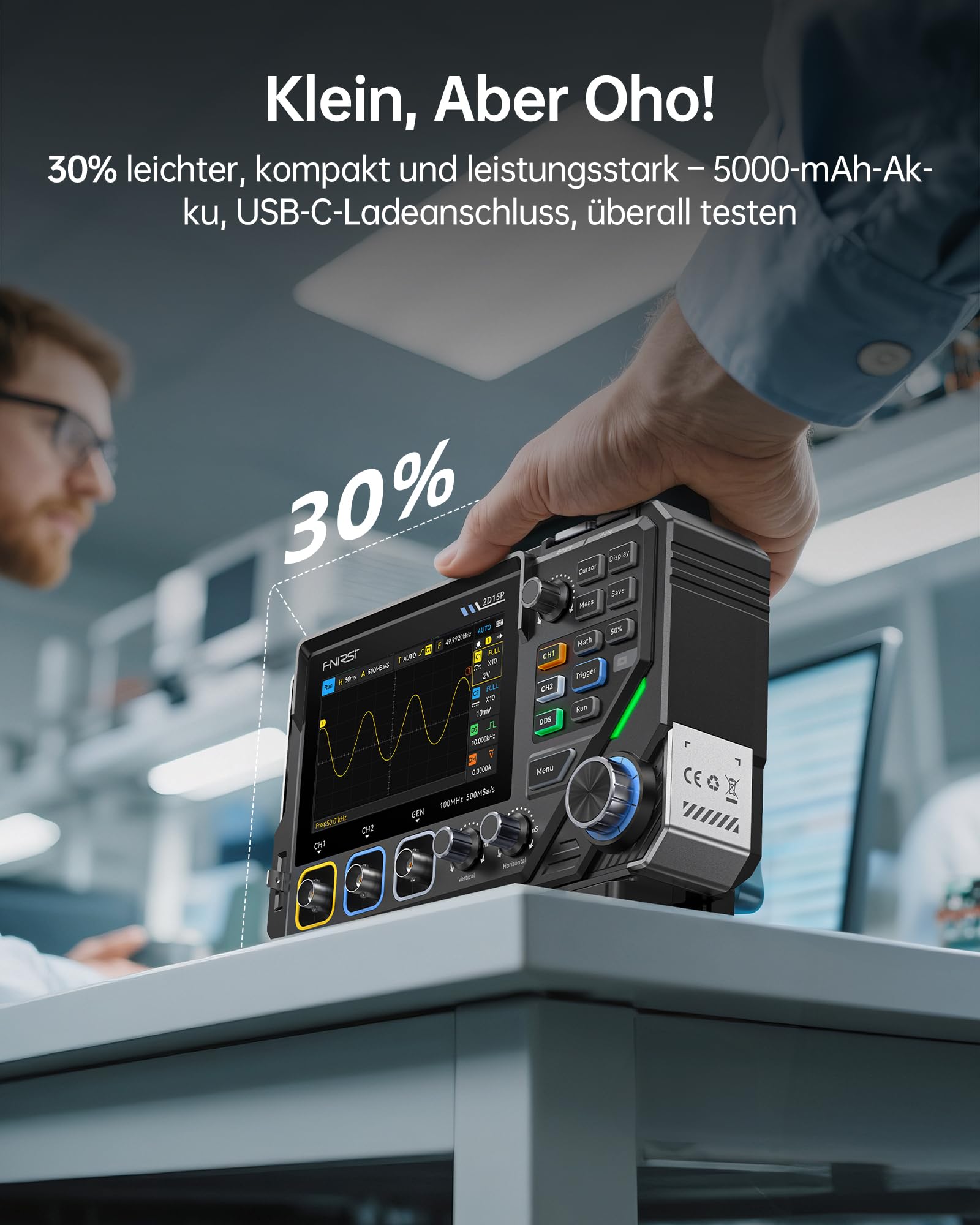 FNIRSI 2D15P 100MHz Digitales Oszilloskop Multimeter DDS-Signalgenerator 3 in 1, 2CH Oszilloskop Multimeter für die Automobilindustrie 19.999 TRMS-Zählwerte, 500MS/s Abtastrate, 4,3 Zoll Touchscreen