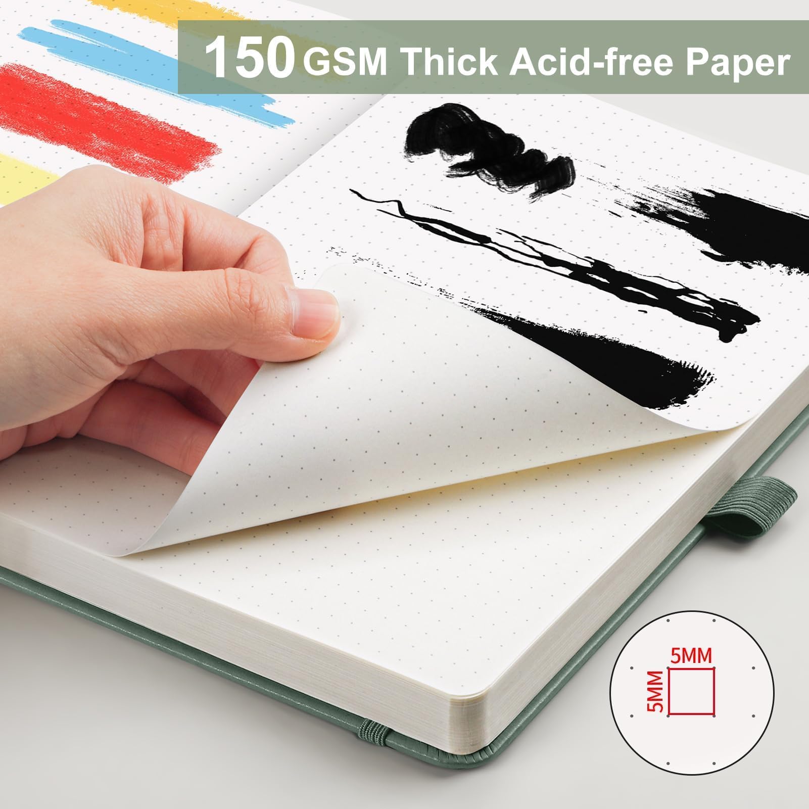 AHGXG Gepunktetes Tagebuch, 150 g/m² Papier, 128 Seiten, A5 (14 x 21 cm) | Dot Grid Notizbuch, Leder Softcover, Innentasche, Schablone, für Journaling, Planung, Tracking (Salbeigrün)