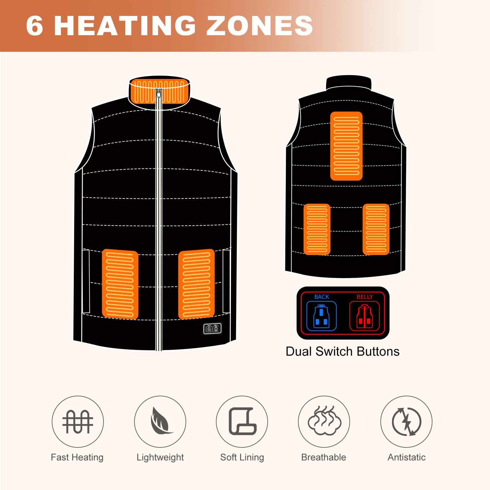 MRAWARM Heated Vest, Lightweight Electric Heated Vest for Men Women with 6 Heating Zone and 3 Temperature