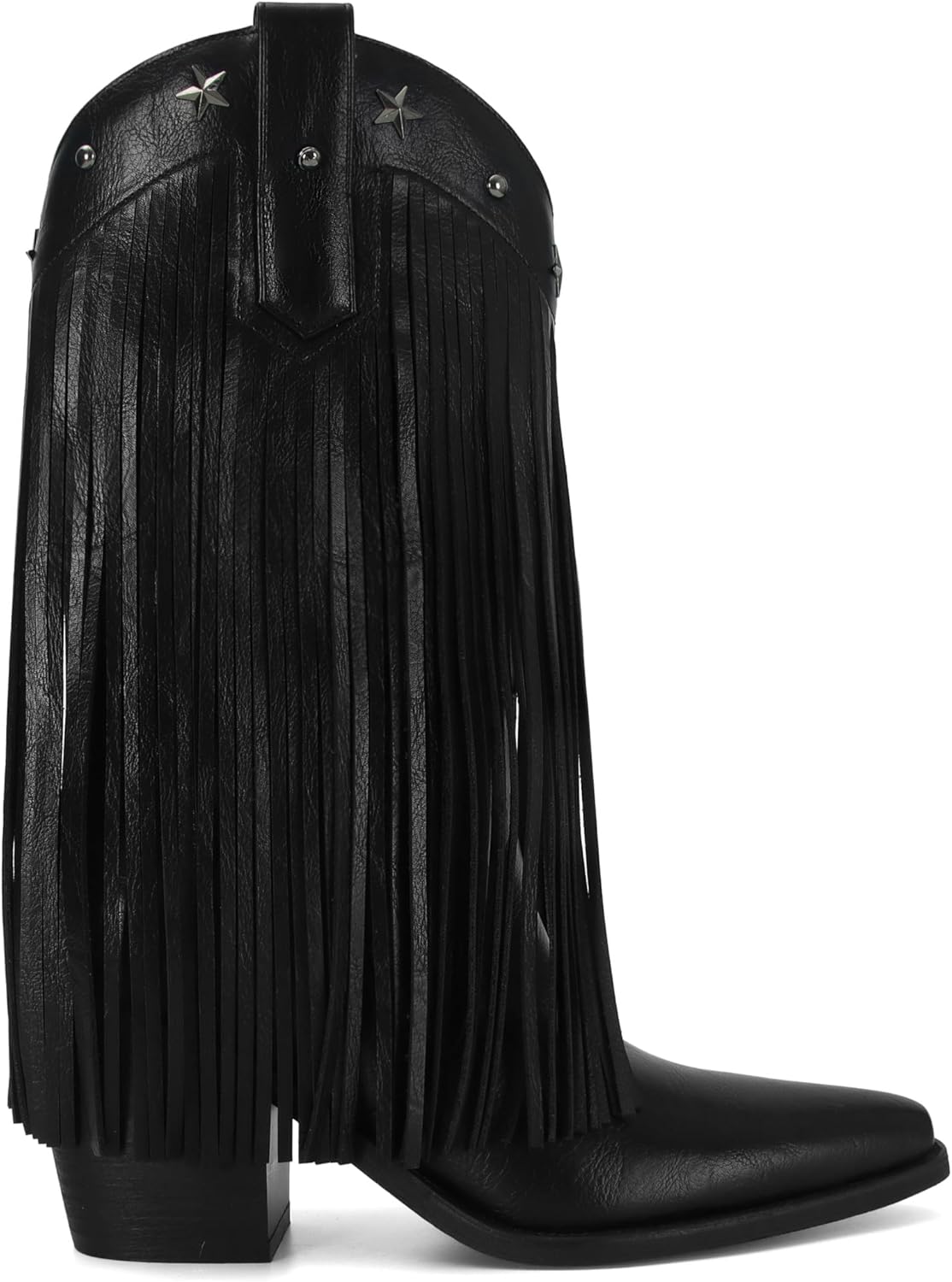 Fringe Cowboy Boots for Women Mid Calf Cowgirl Boots with Star Studded Pointed Toe Pull on Chunky Heel Western Boots
