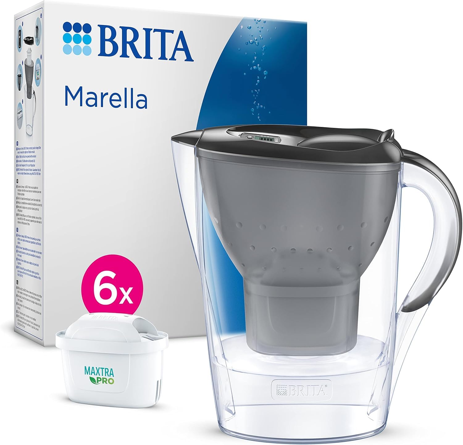 BRITA Jarra filtrante Marella Graphite (2,4l) incl 6 cartuchos filtro agua grifo MAXTRA PRO All-in-1 reducido PFAS,piedra caliza, cloro, algunas impurezas y metales indicador temporal, ecoembalaje