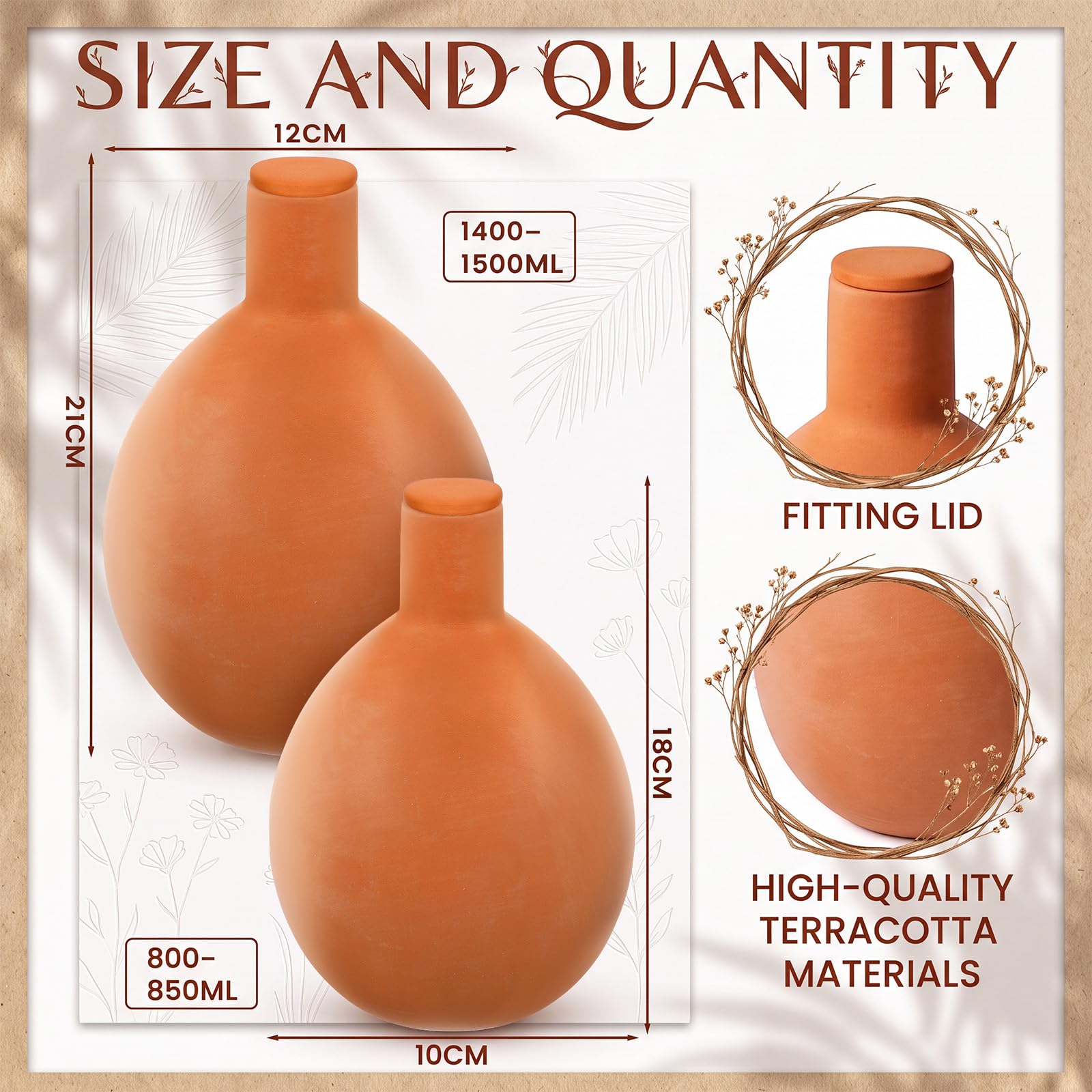 Qinyoung Ollas Lot de 4 grands pots d'arrosage en terre cuite avec couvercles pour intérieur et extérieur 1,3 l