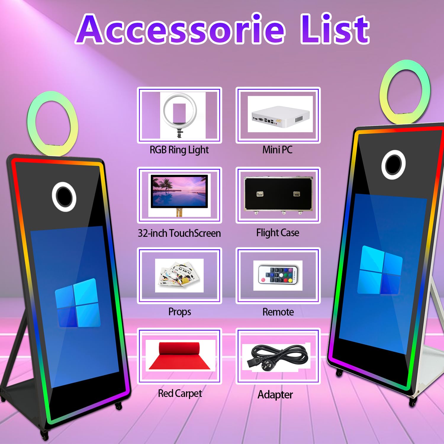 Espejo para cabina de fotos, espejo mágico, máquina de fotos para selfie, pantalla táctil de 43 pulgadas, anillo de luces RGB y marco LED portátil para bodas, fiestas, eventos, funda de vuelo (negro,