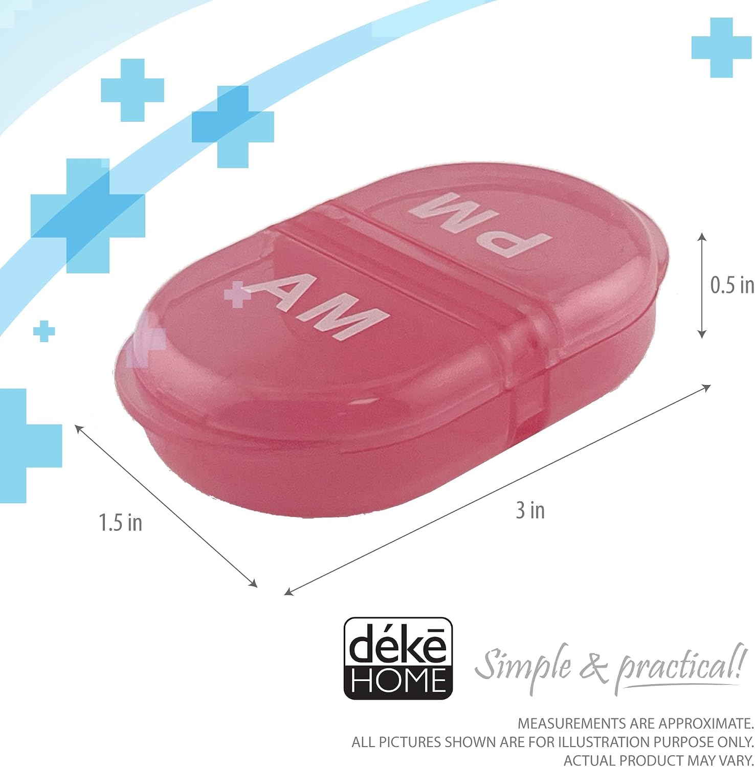 Deke Home - Pill Organizer AM PM, 2 Compartment Pill Box for Pocket or Purse, Small Daily Medicine Case, Travel Pill Holder, Easy Open Pill Container for Seniors, Vitamins & Supplements (Pink)