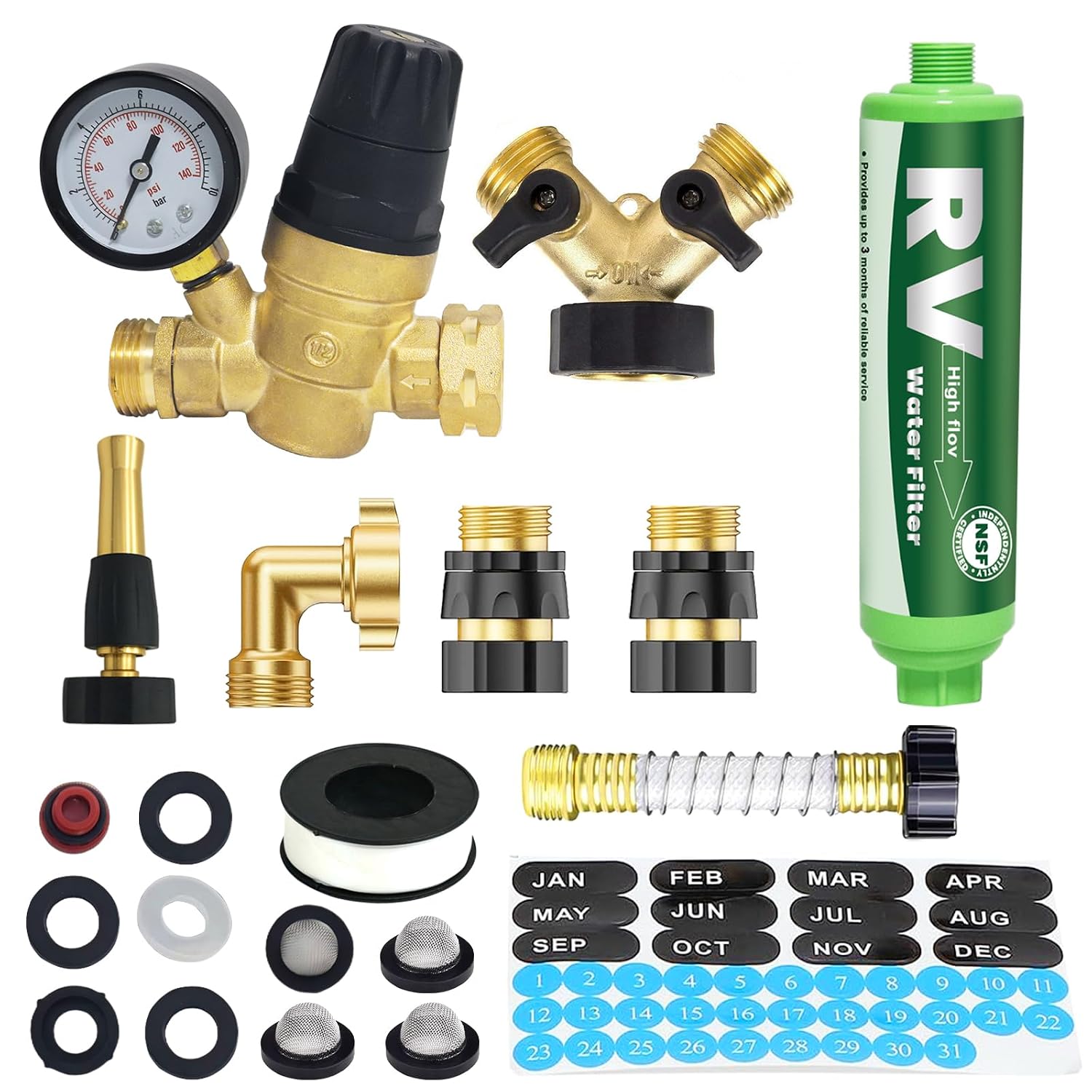 RV Water Pressure Regulator, Water Pressure Regulator for RV Camper, Camper Water Pressure Regulator with RV Water Regulator, Water Filter, Quick Connect Water Hose, Brass Elbow Flexible Connector