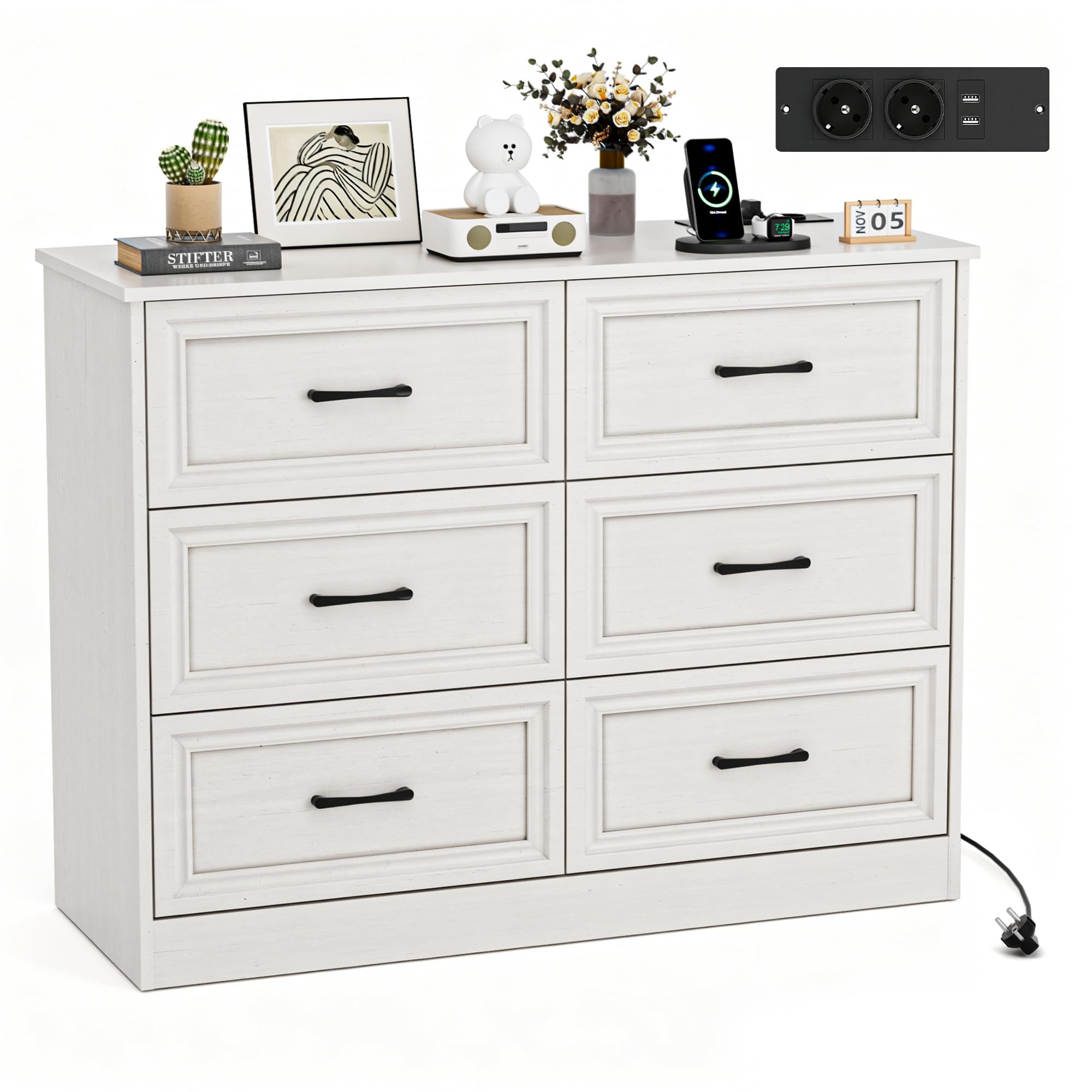 BonVache Kommode mit Steckdosen, Komode mit 6 schubladen, 2 USB & 2 AC-Anschlüssen, Komodenschrank Holz, für Schlafzimmer, Wohnzimmer, Flur, 106 x 81.5 x 39 cm, Weiß