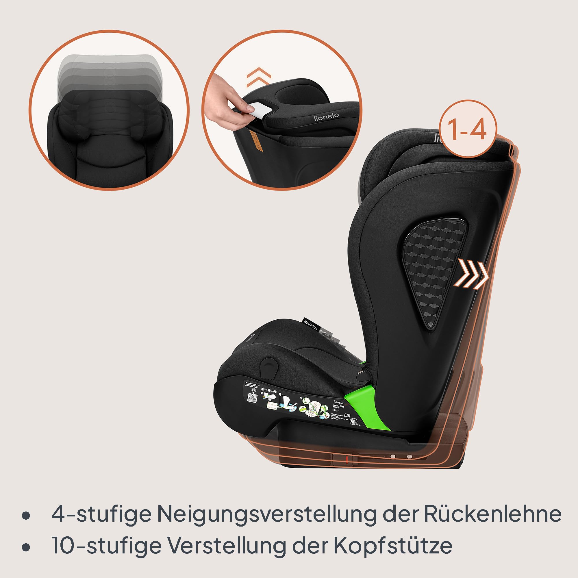 LIONELO NEAL I-SIZE Kindersitz, Gruppe 2 3, von 100-150 cm | Von ca. 3 bis 12 Jahren Befestigung ISOFIX oder ohne Gurte Verstellbare Kopfstütze Seitenschutz Armlehnen Standard R129