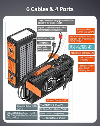 Miniatura 8 de Banco de energía solar, carga inalámbrica magnética doble, 2 cables retráctiles integrados y manivela y carga rápida de 22.5 W, linternas