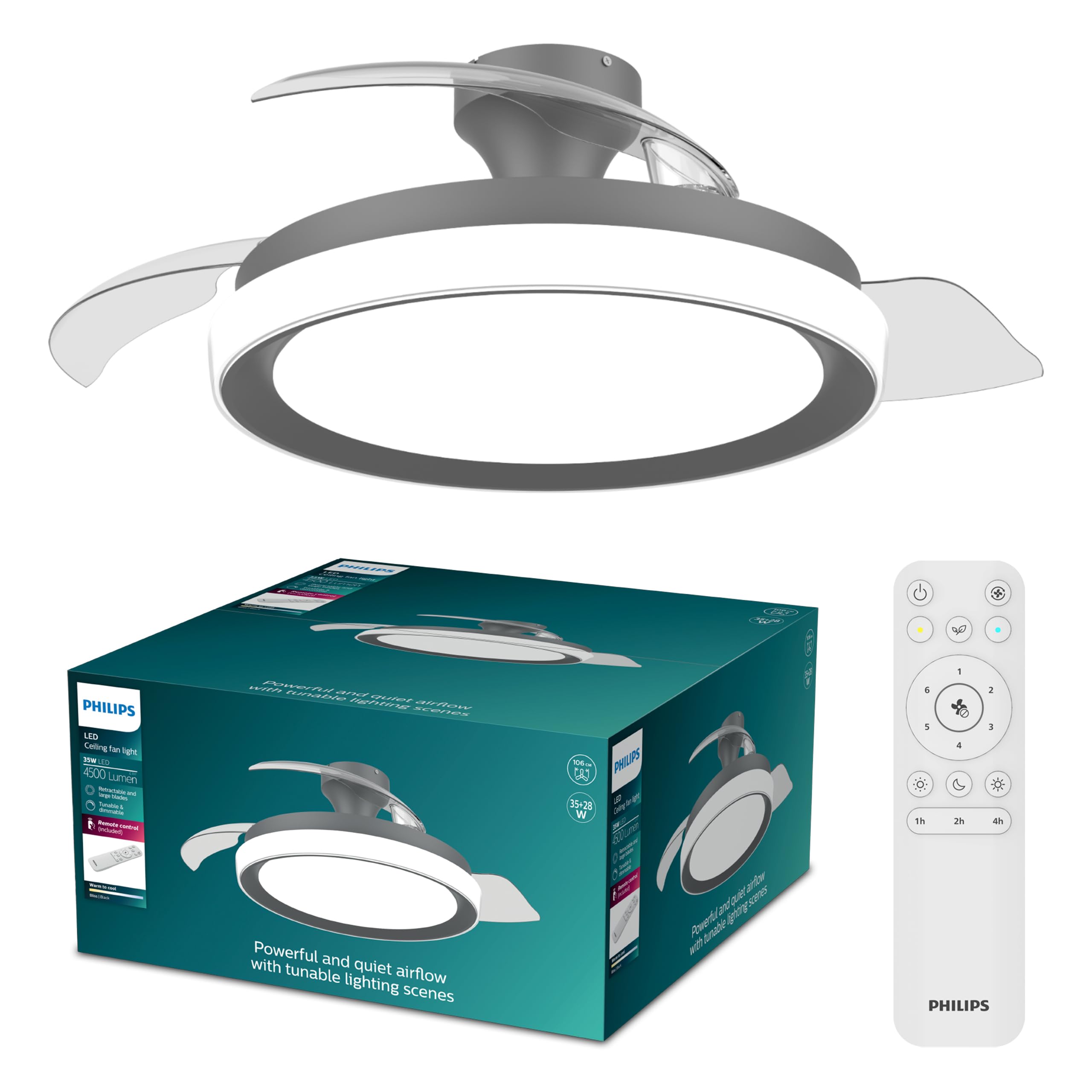 Philips Bliss Deckenventilator mit LED-Licht und Einziehbaren Flügeln, 3 Flügel, 106 cm Flügelspannweite, 4.500 Lumen, Einstellb. Licht (3.000 K bis 6.500 K), Dimmbar bis 5%, Inkl. Fernbed., Schwarz