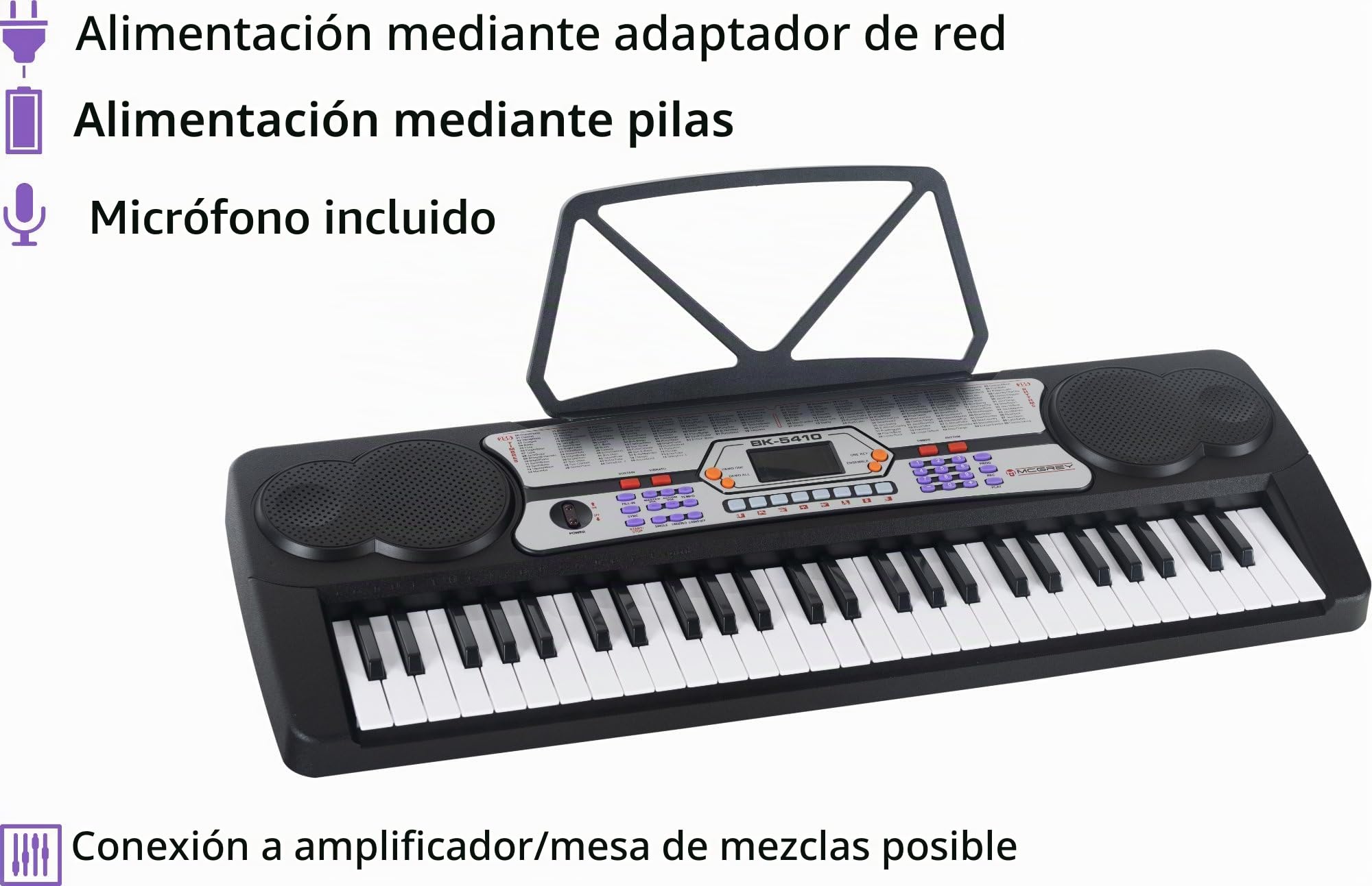 McGrey BK-5410 Teclado con 54 Teclas, Micrófono y Atril para Partituras | Teclado para principiantes con 54 teclas, Pantalla LED, 255 sonidos, 255 ritmos, 8 sonidos de percusión, 8 canciones demo