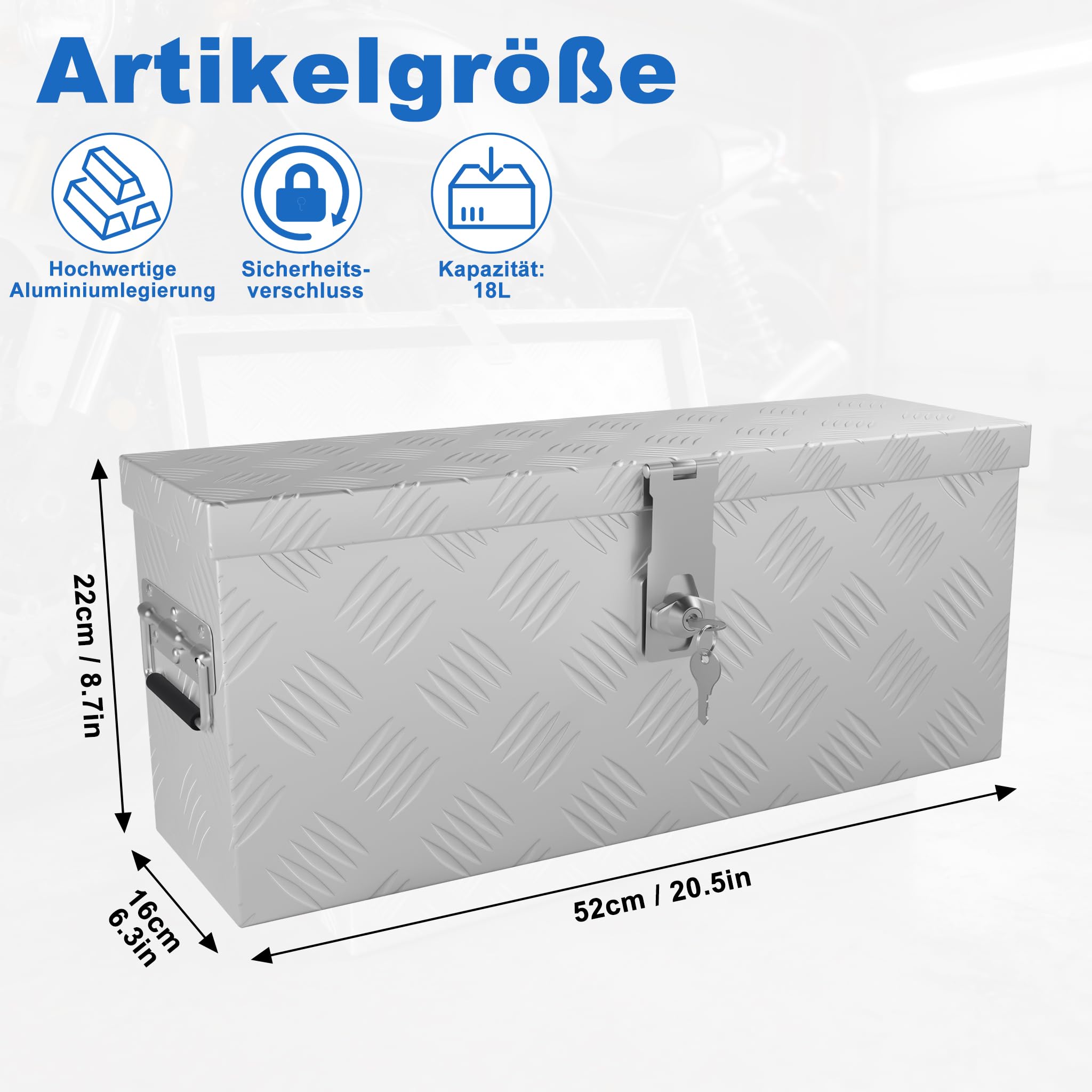 ACXIN Scatola portaoggetti in alluminio 520 x 160 x 220 mm, cassetta degli attrezzi in alluminio con serratura e 2 chiavi, robusta scatola con timone bloccabile per il rimorchio, stabile e