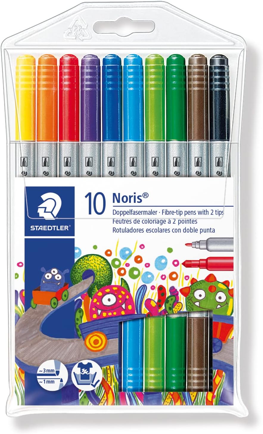 STAEDTLER 320 NWP10 Noris Double-Ended Fibre-Tip Pens - Assorted Colours (Pack of 10 Pens)