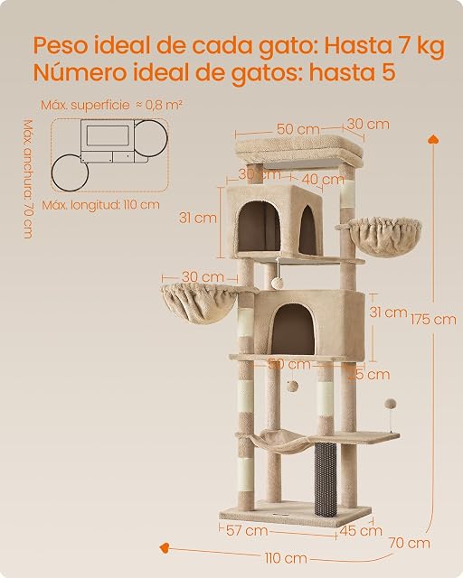 Foto 7 de 8 de Feandrea Árbol Grande para Gatos, Torre para Arañar de 175 cm de Altura, Multinivel con 2 Cuevas, 2 Cestas