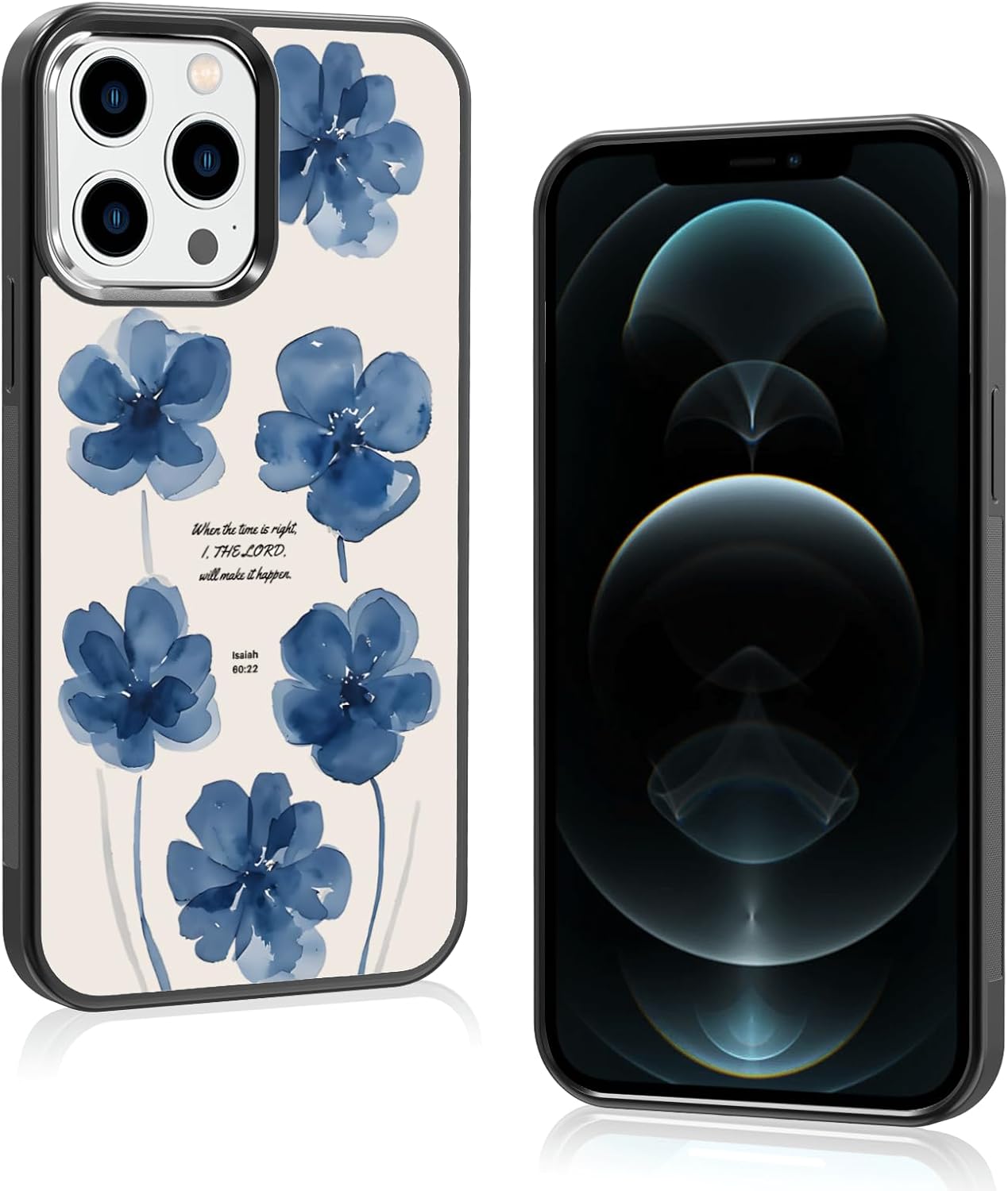 Aesthetic Christian Blue Flowers Print Phone Case Compatible with iPhone 12 Pro Max Case 6.7 Inch, TPU Shockproof Protection Cute Jesus Bible Verse Phone Case for Girls Women