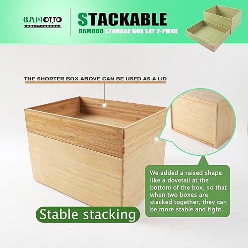 Miniatura 3 de Juego de cajas de almacenamiento de bambú grandes de 2 piezas, organizador de cajones profundos apilables de 7.1 pulgadas de alto para cubiertos de