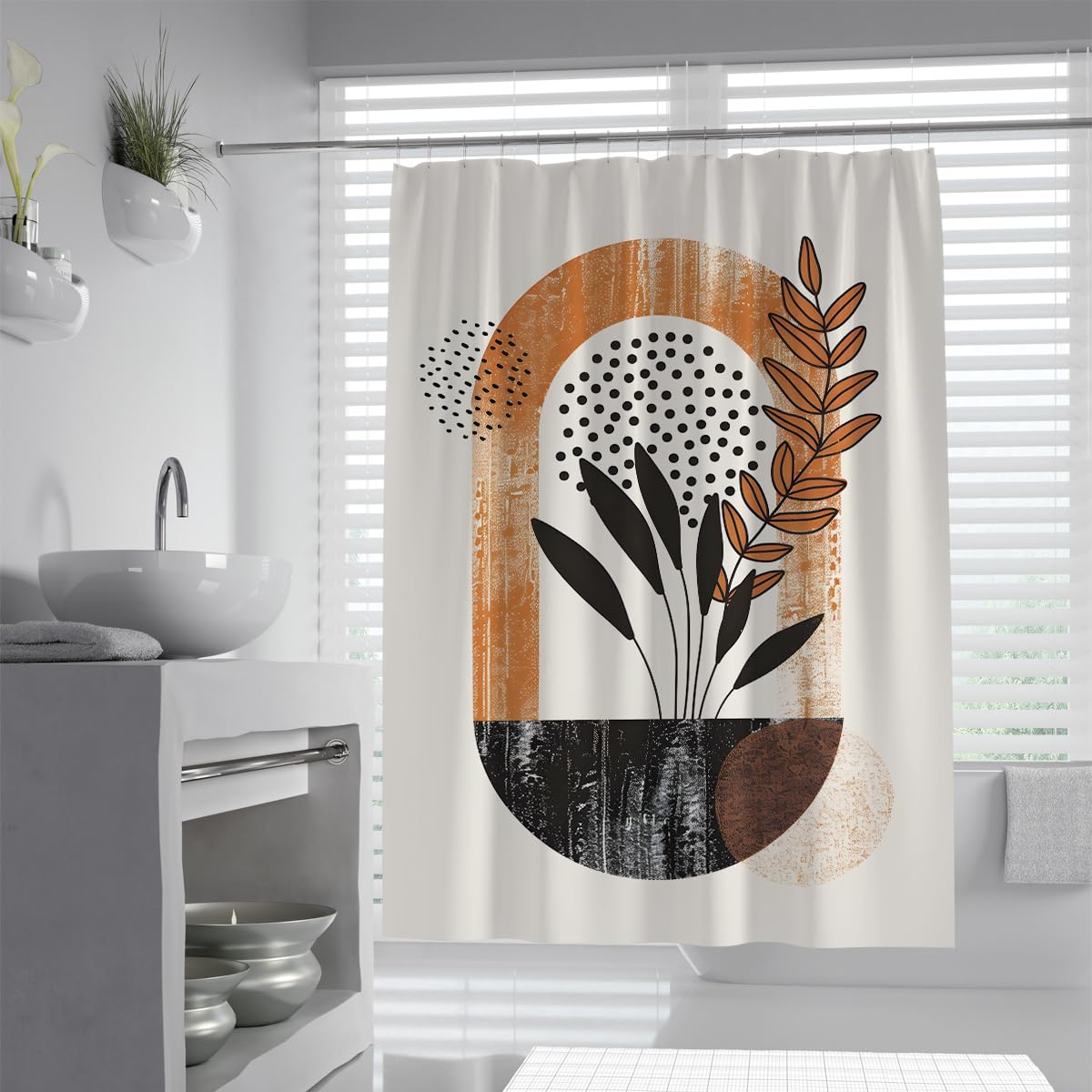 UIRINGART Contemporary Shower Curtain W200xL220cm Orange Oval Black Leaves Art Mildew Resistant Quick Drying Polyester Fabric Lightweight Wet Rooms Bathroom Decor Set