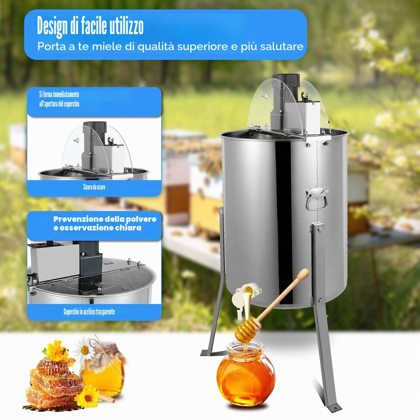 Fionda elettrica per miele a 4 cornici, estrattore professionale in acciaio inox con regolazione della velocità, uscita miele e coperchio, accessori per api per apicoltura e apicoltori amatoriali