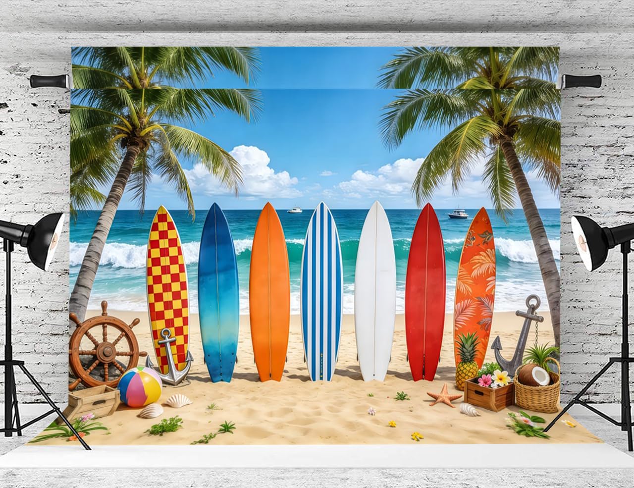 Tavola da surf tropicale spiaggia sfondo fotografico 3 x 2,4 m, sfondo estivo colorato tavola da surf palma, hawaiano Aloha vacanze decorazioni per feste di compleanno banner foto puntelli