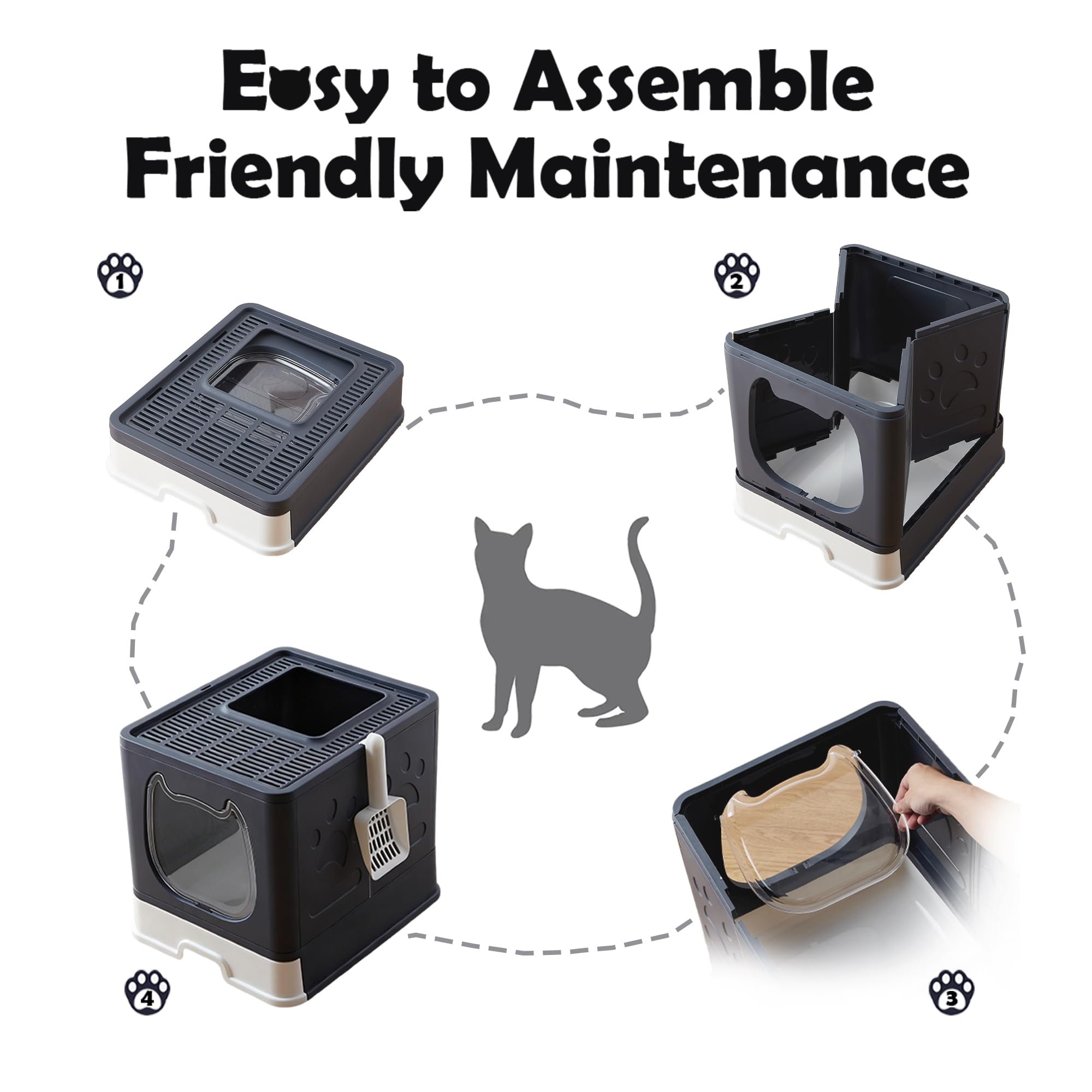 Vealind Covered Litter Box with Lid, Low Entry Kitten Small Litter Box Enclosure with Scooper and Brush, Anti-Splashing Top Entry Litter Box Black