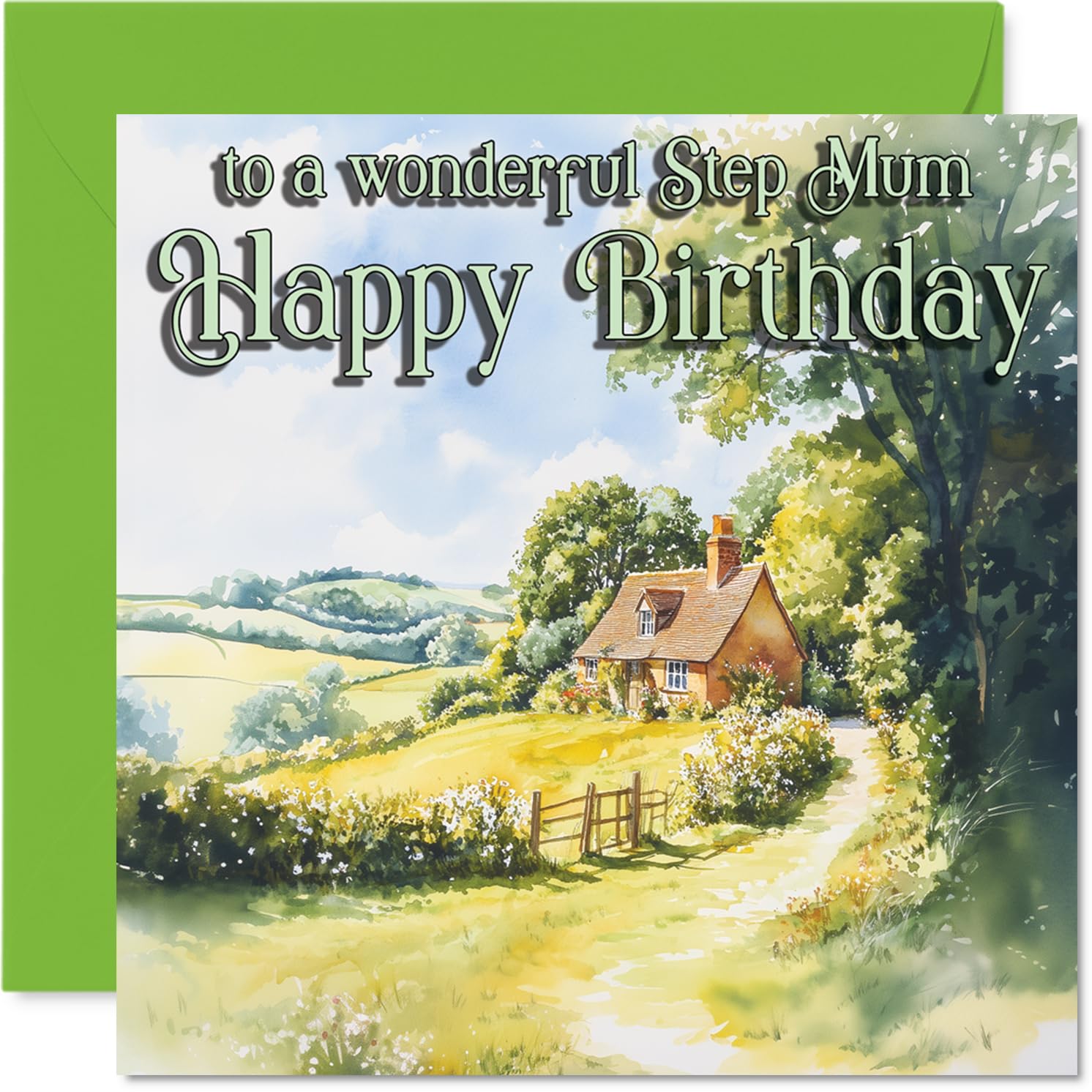 Heartfelt Birthday Card for Step Mum - Warm Wishes from the Heart - Serene Countryside Cottage Scene - A Charming Way to Show Appreciation - 145mm Square, Envelope Included