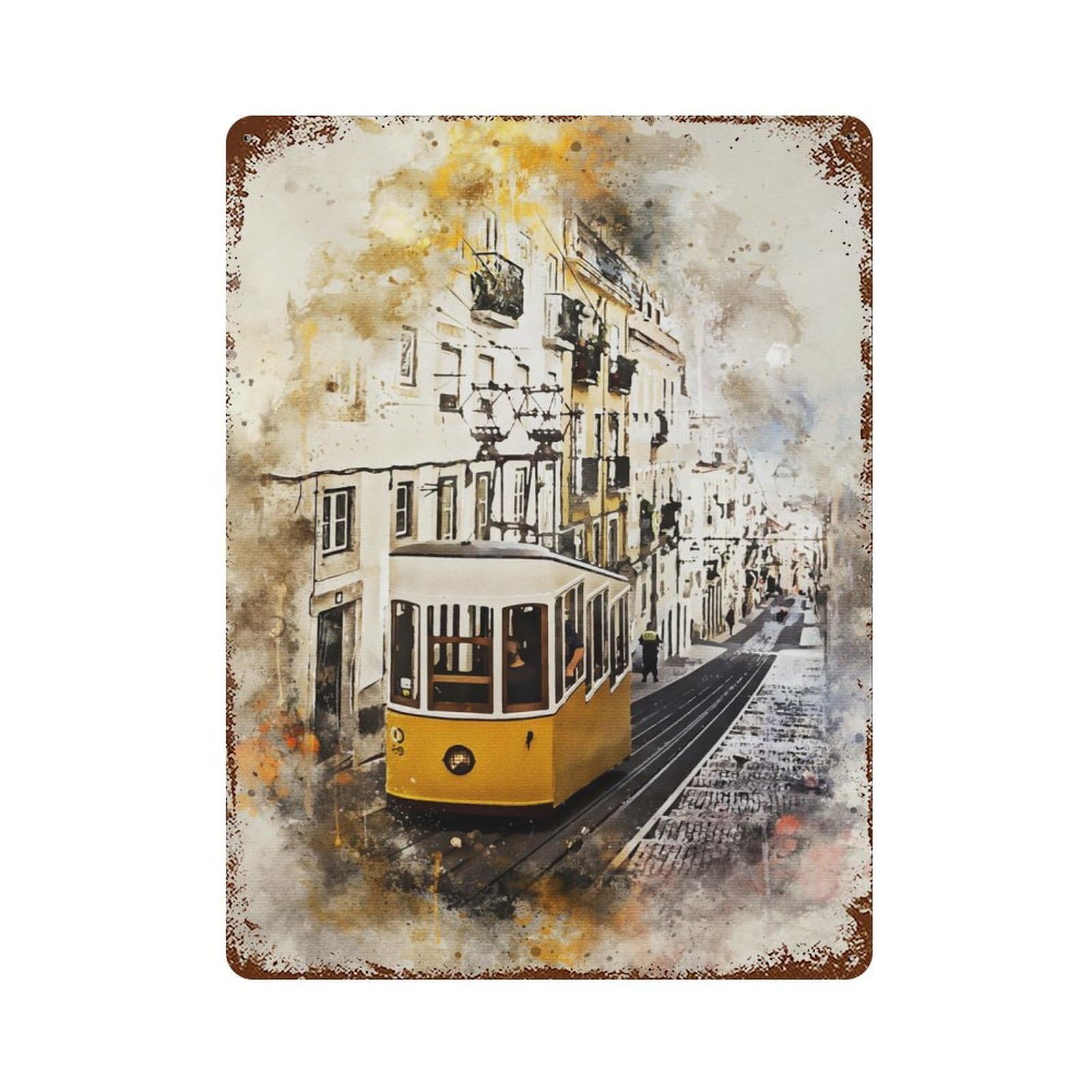 Distressed Metal Wall Sign with Lisbon in Watercolor Design 15.7"x11.8", for Living Room, Hallway And Home Decor, Vintage Wall Decor