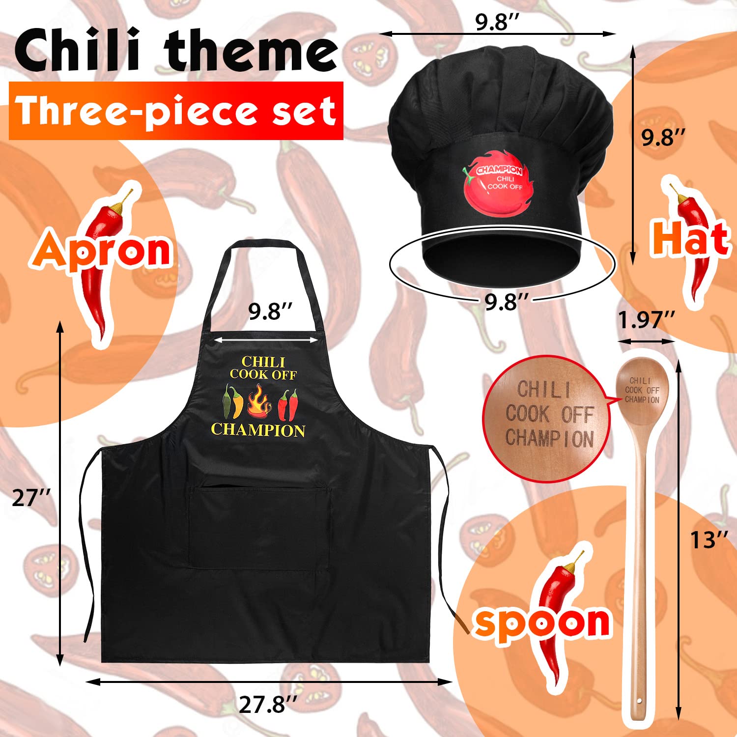 3 Pcs Chili Cook off Trophies Black Apron Adjustable Chef Hats Funny Kitchen Cooking Hat Cook off Wood Spoon Prizes for Men Women Chili Festivals