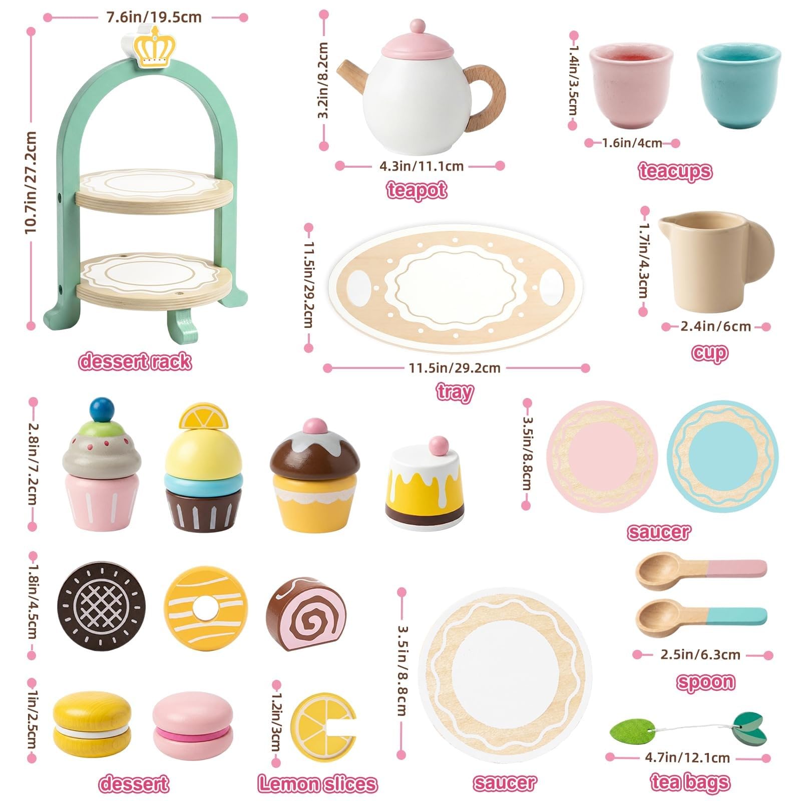 Juego de postres de madera para niños, juguete de cocina con utensilios, regalo de aprendizaje para niños y niñas, juego de cocina de cumpleaños, fiesta de té de madera, juego de cocina para niños de
