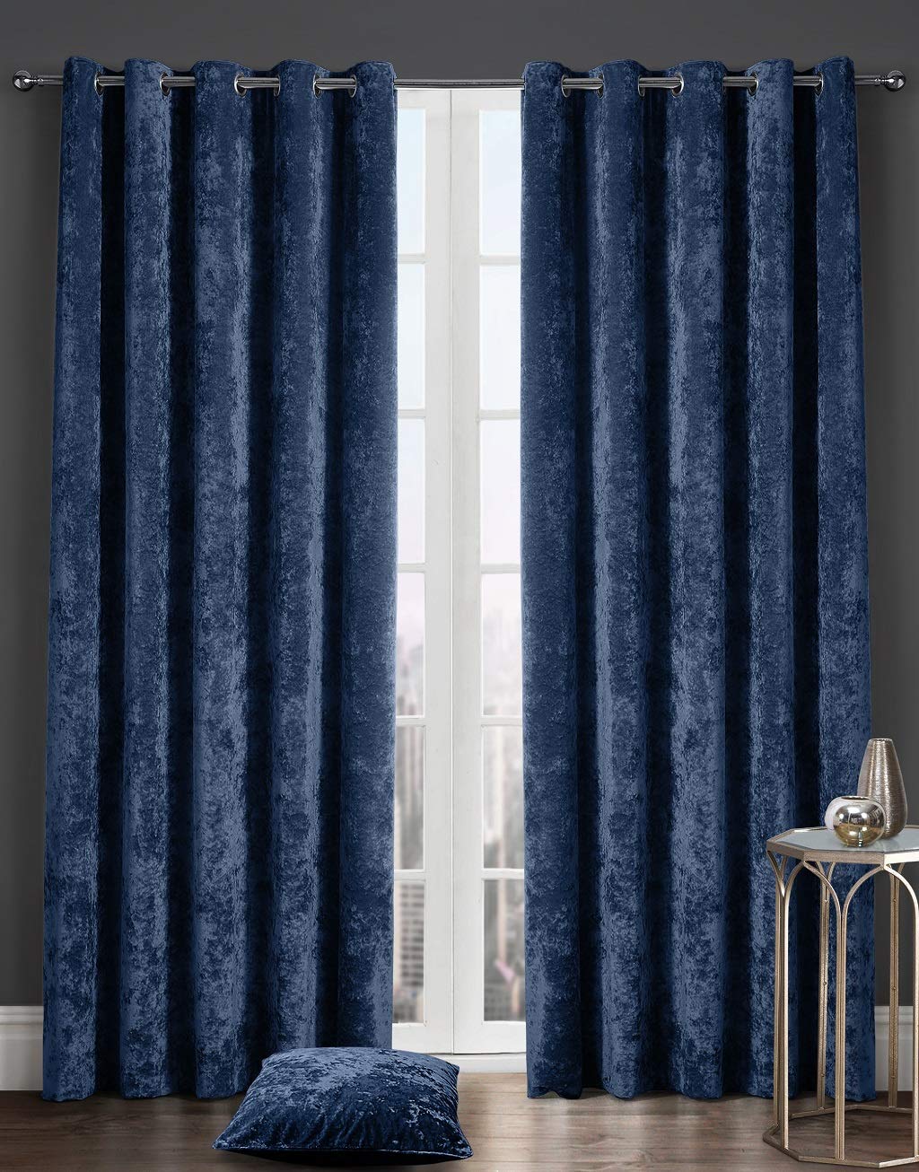 LJ New Crushed Velvet Luxury Curtains Eyelet Top Fully Lined Thick Curtain Pairs (Navy, 46" wide x 54" drop)