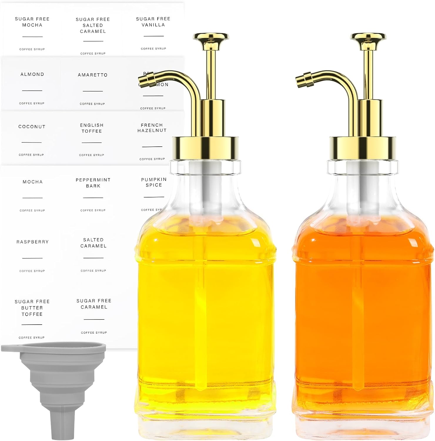 Coffee Syrup Dispenser Set with Silicone Funnel 500ml Glass Syrup Bottle with Label Stickers Clear Coffee Syrup Container Portable Coffee Pump Dispenser Syrup Pump Dispenser for Bar US(golden-2-500ml)