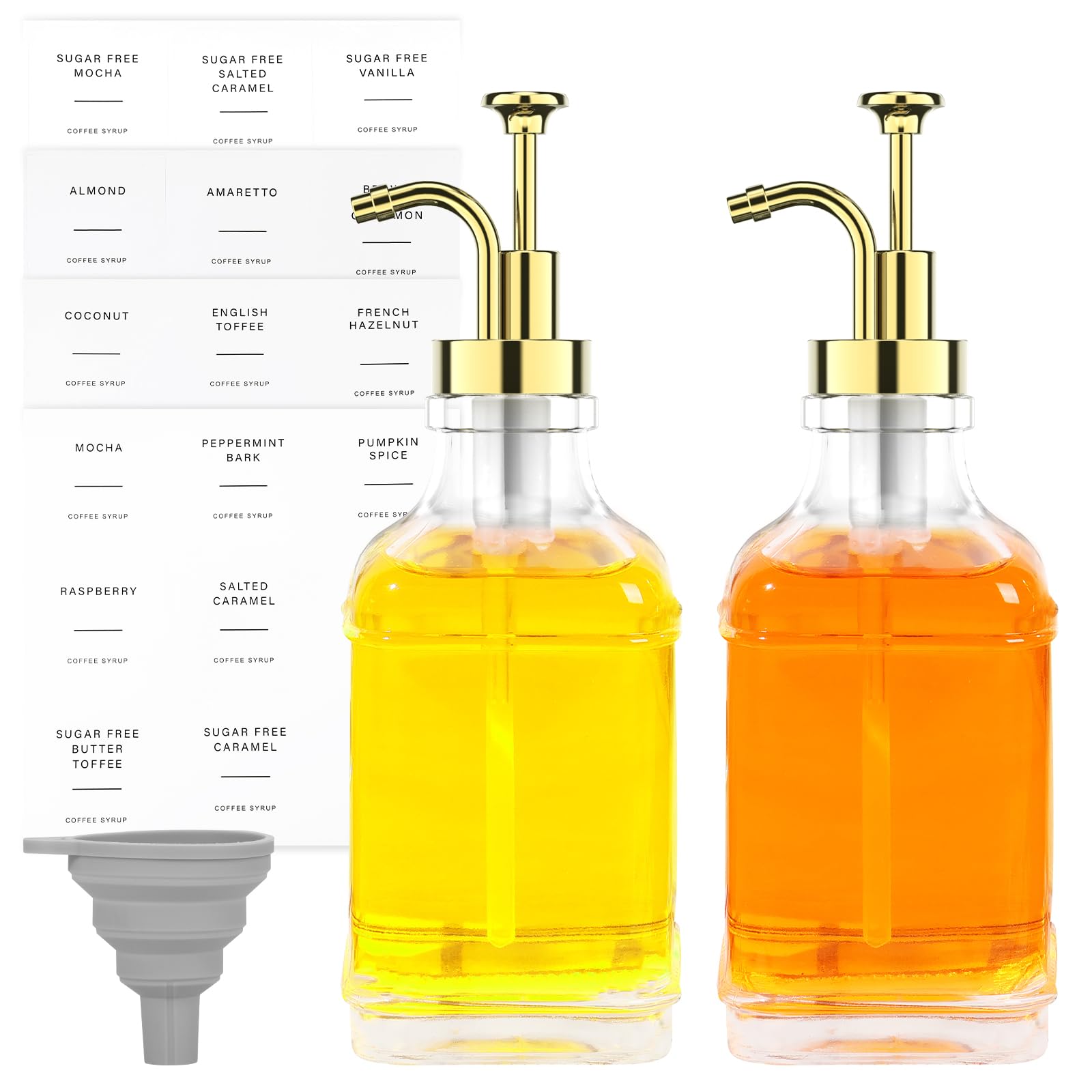 Zestaw dozowników syropu do kawy z silikonowym lejkiem, 500 ml, szklana butelka syropu z etykietą, przezroczysty pojemnik na syrop kawowy, przenośny dozownik pompy do kawy, dozownik do syropu
