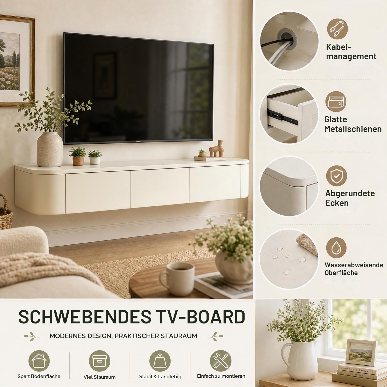TV Lowboard Hängend 160cm Weiß, Komplett Vormontierter Schwebender TV Schrank Mit Stauraum, TV Board Zur Wandmontage, Modernes Hänge Lowboard für Wohnzimmer