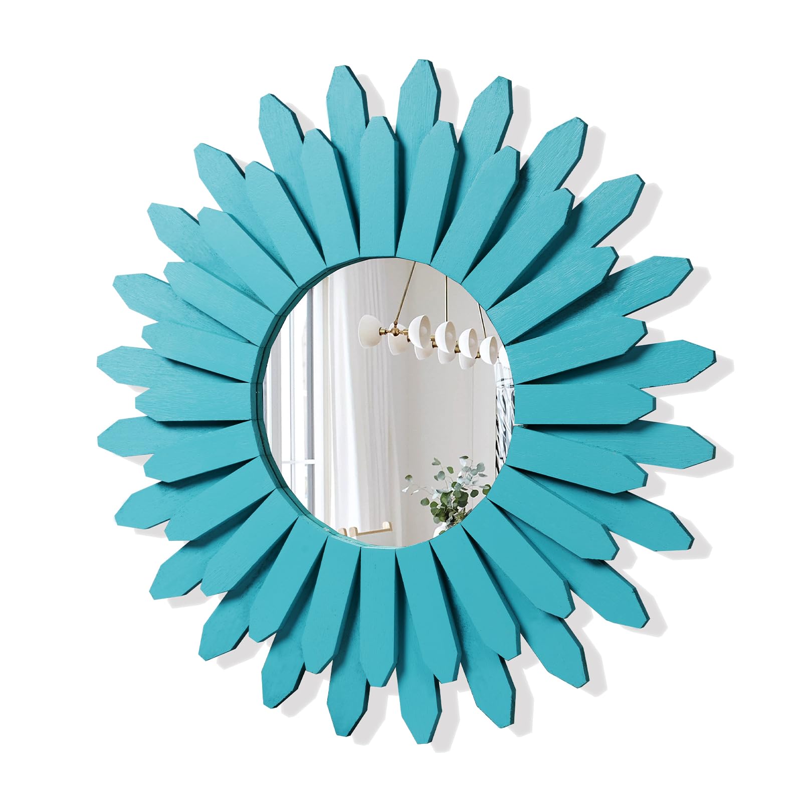 Honiway Beach Wall Decor Mirror 21 inch Wood Coastal Wall Decor Sunburst Boho Home Decor Room Decor for Bedroom Living Room Entryway Cyan