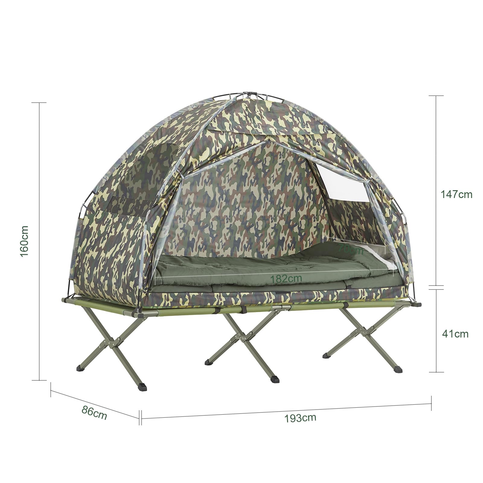 SoBuy faltbar Survival-Zelt Feldbett mit Zelt Feldbett 4 in1 Camping Set mit Schlafsack Wurfzelt Matratze und Zubehör Zelt 1 Person 1 Mann Zelt Outdoor Tarnfarbe BHT ca. 193x160x86cm OGS32-TN