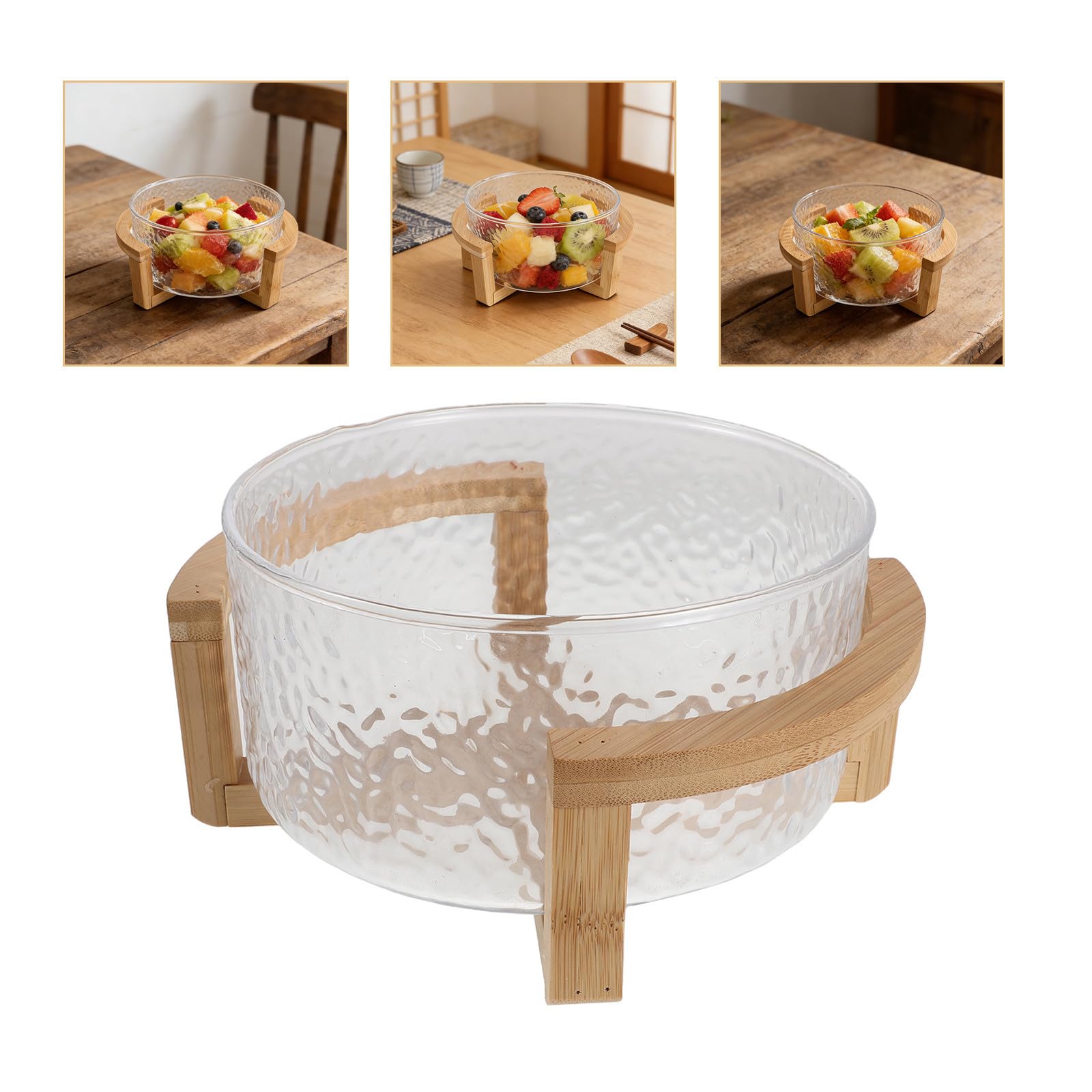 Bol para Ensalada de Vidrio con Soporte de Bambú Seguro, Tamaño 21x17.5x10cm, Diseño Elegante y Versátil para Servir Postres y Fiestas