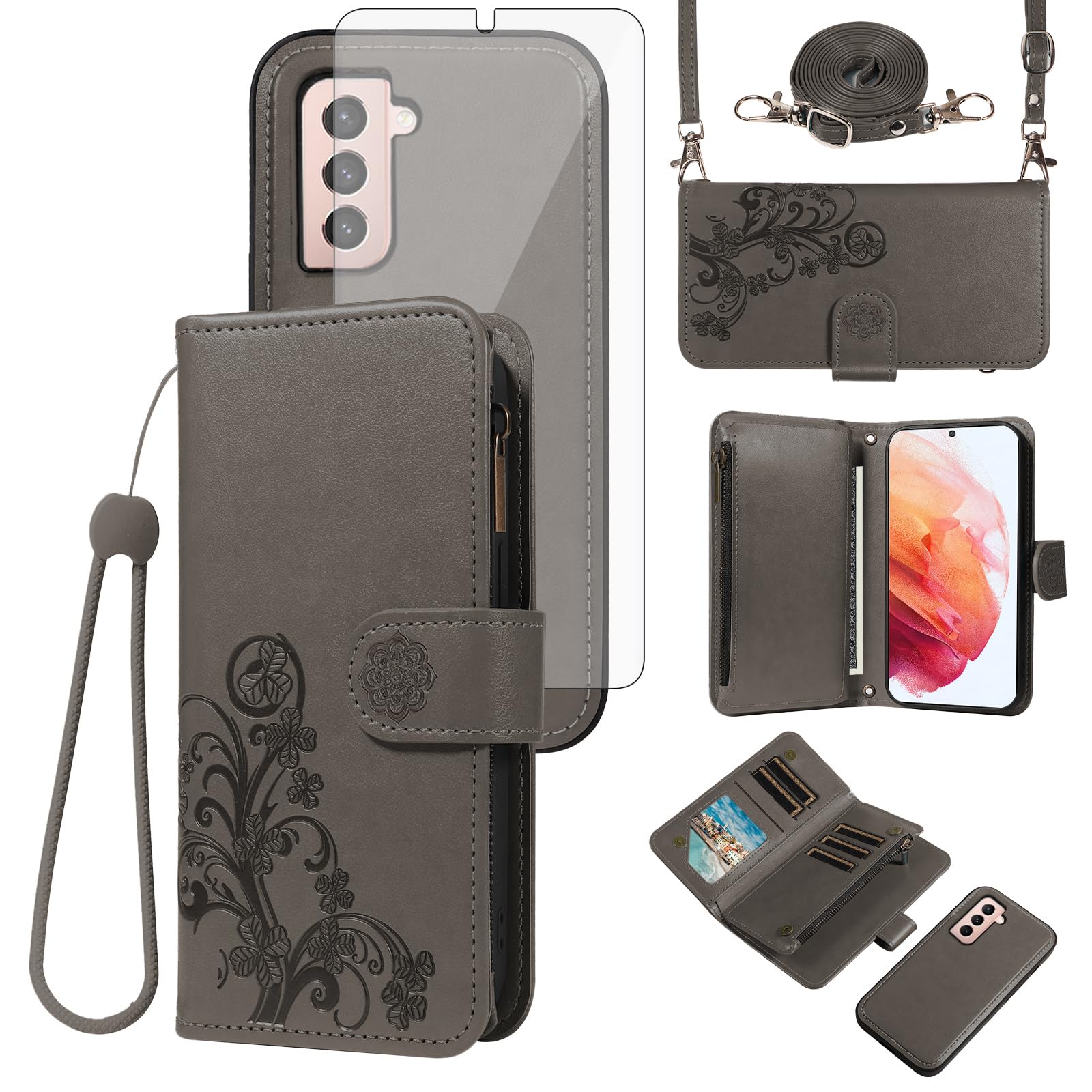Asuwish Custodia per Samsung Galaxy S21 Plus S21+5G Portafoglio con cerniera staccabile con pellicola protettiva in vetro temperato cinturino porta carte fiore S21+5G S21plus 21S + S 21 21+ G5 Donna