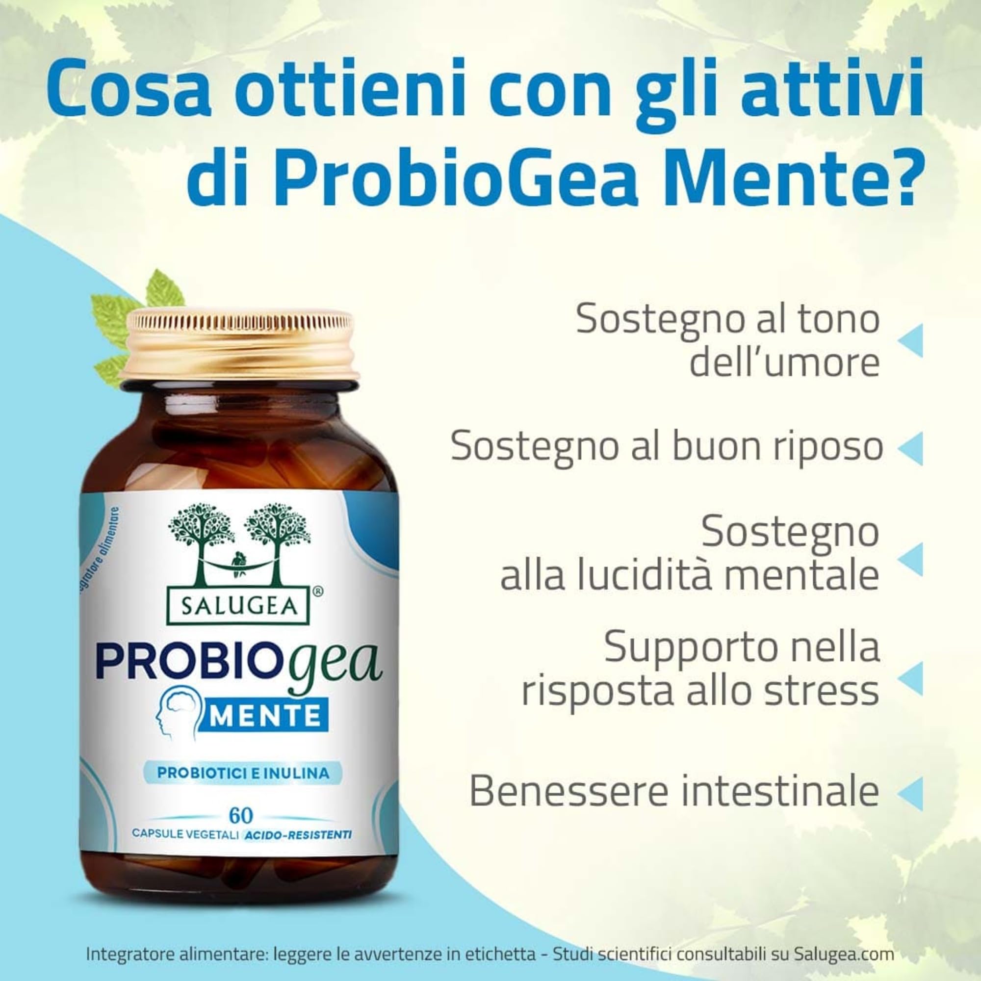 ProbioGea Mente Salugea - Probiotici e Benessere Mentale - 60 Capsule Vegetali - Flacone In Vetro Scuro