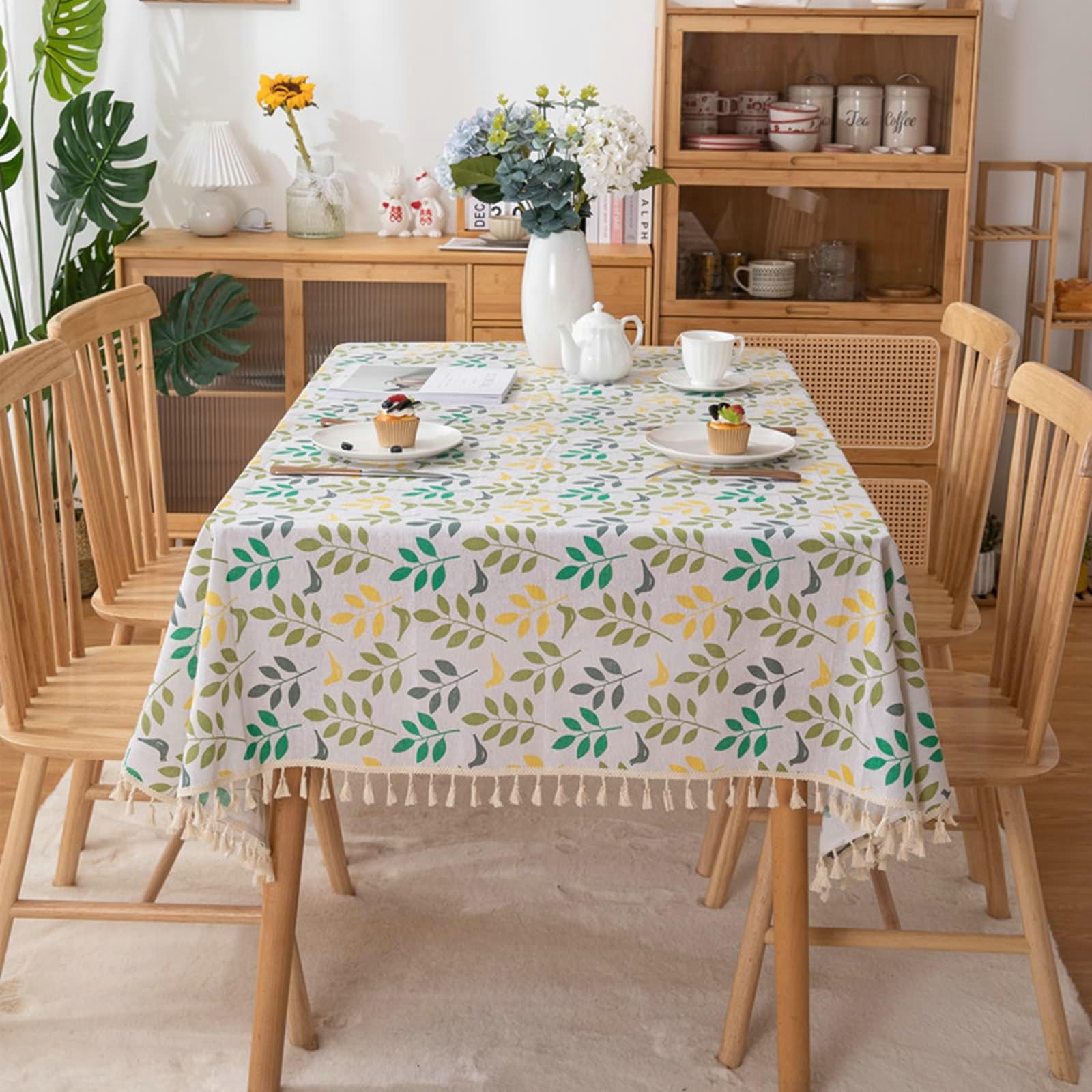 Gualiy Manteles Cuadrados Restaurante, Poliéster Algodón Manteles Mesa 140x260CM Mantel de Mesa Lavable Hojas Estampadas con Borlas Manteles para Mesa de Centro, Colorido