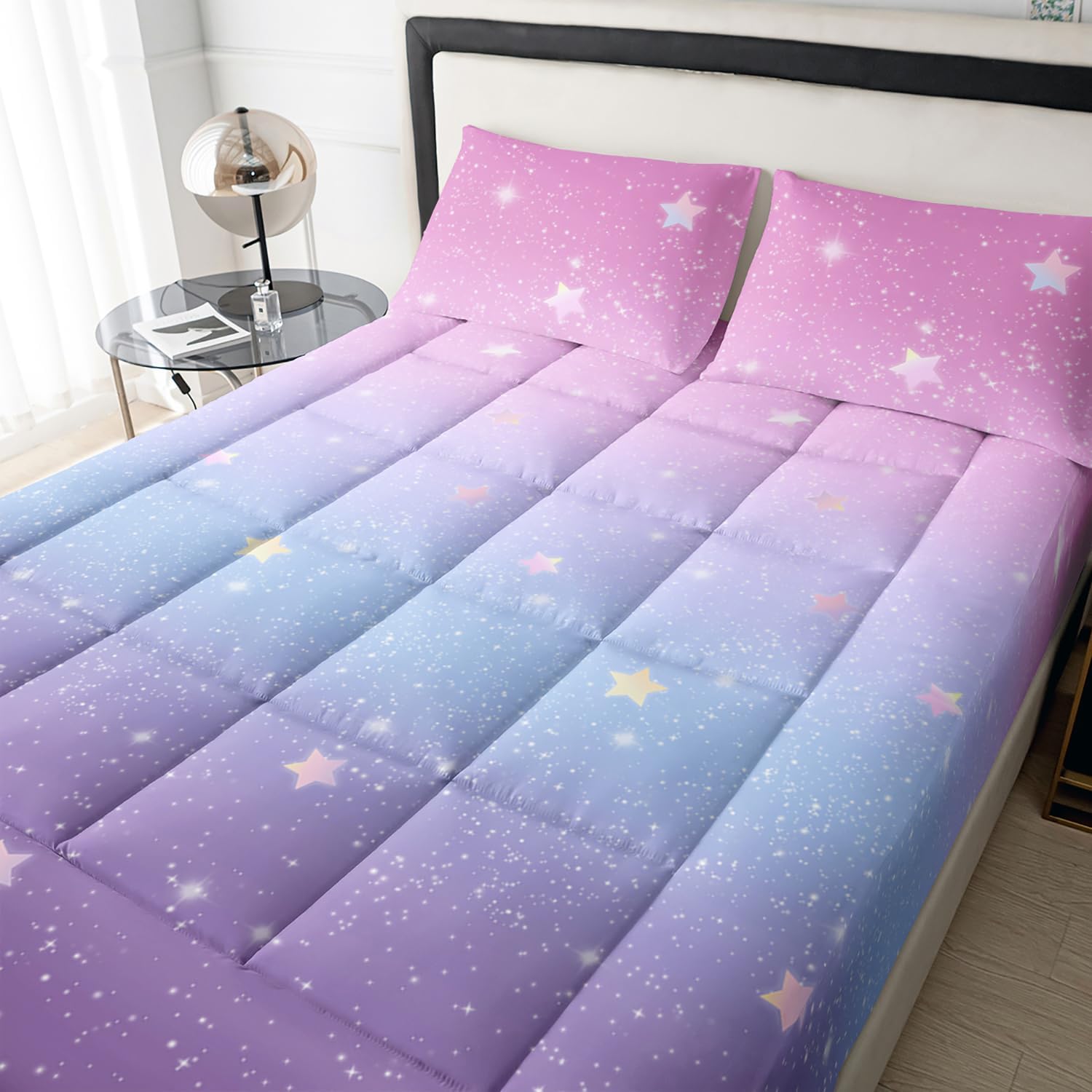 HOSIMA Mattress Protector King Size with 2 Pillowcases,Colorful Rainbow Bedding Glitter Star Themed Mattress Cover for Teens Girls Room Decor,Colorful Mattress Pads Cover with Deep Pocket.