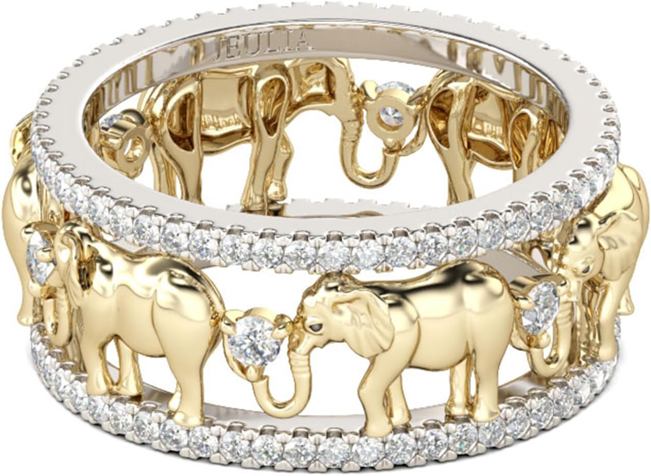 Jeulia 1.5 Carat Elephant Wedding Band Ring for Women Men 18K Gold Plated Engagement Ring Set Two Tone Round Cut Cubic Zirconia Rings Anniversary Promise Romantic Gift