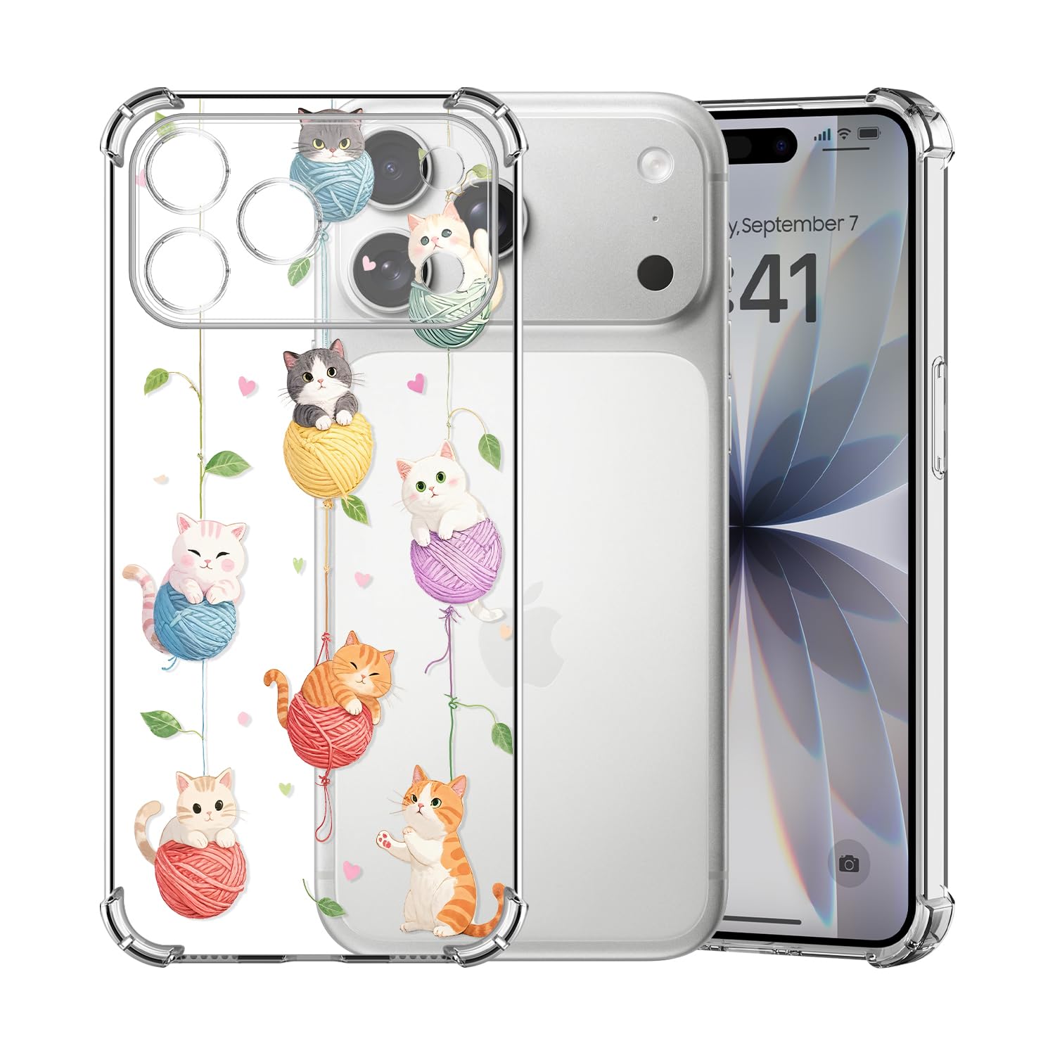 ChoosEU Clear Case for iPhone 17 Pro Max Floral Pattern Print Design for Women Girls Slim Silicone Phone Case Protective Cover with Shockproof Airbag Soft TPU Flower Transparent Phone Cover - Cat