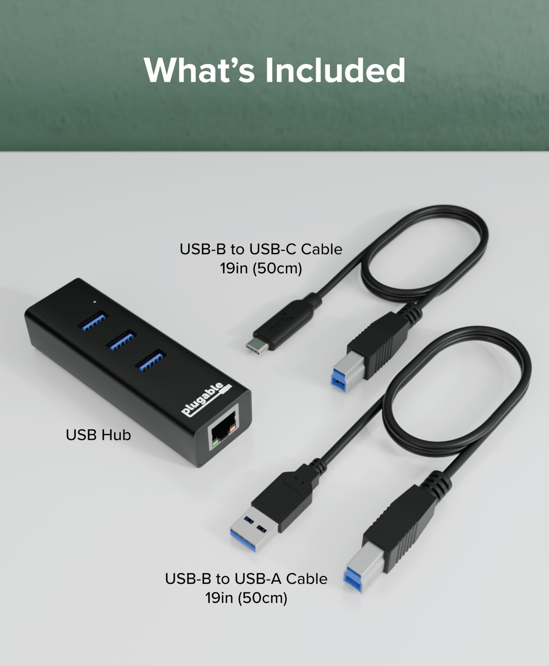 Hub portatif Plugable USB 3.0 avec Ethernet – hub 3 ports USB 3.0 alimenté par bus avec Gigabit Ethernet pour Windows, MacBook, Linux, Chrome OS (câbles USB-C et USB 3.0 inclus).