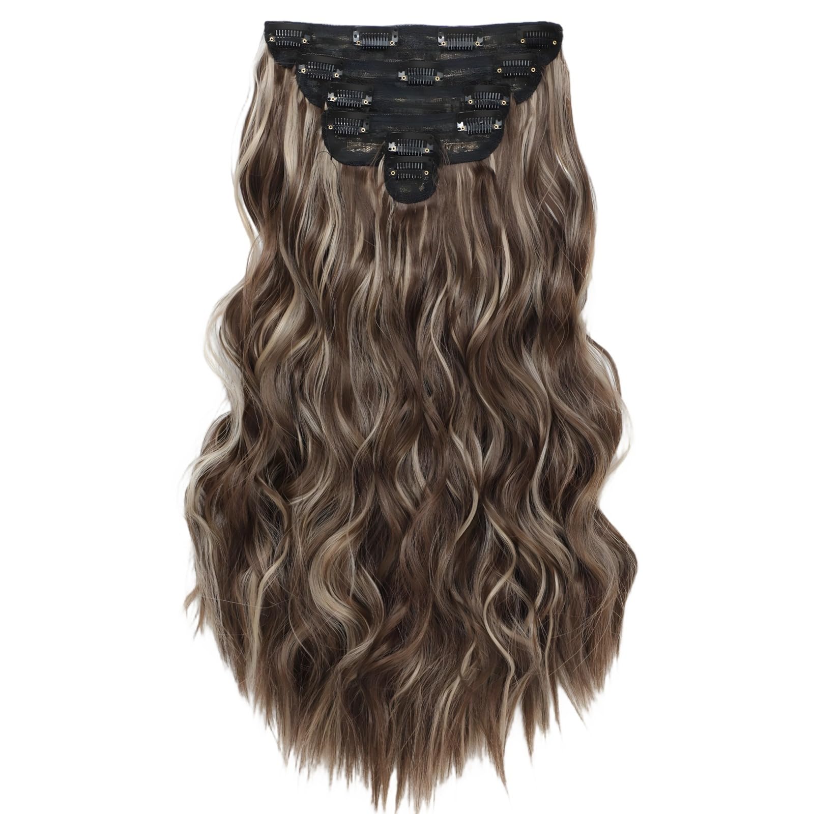 Clip-In Haarverlängerungen, blonde Haarverlängerungen, 20 Zoll hellbraun mit Gold meliert, 6-teiliges Set aus Hitzefaser, leicht zu tragen, lange wellige Optik, für Hochzeiten und Partys