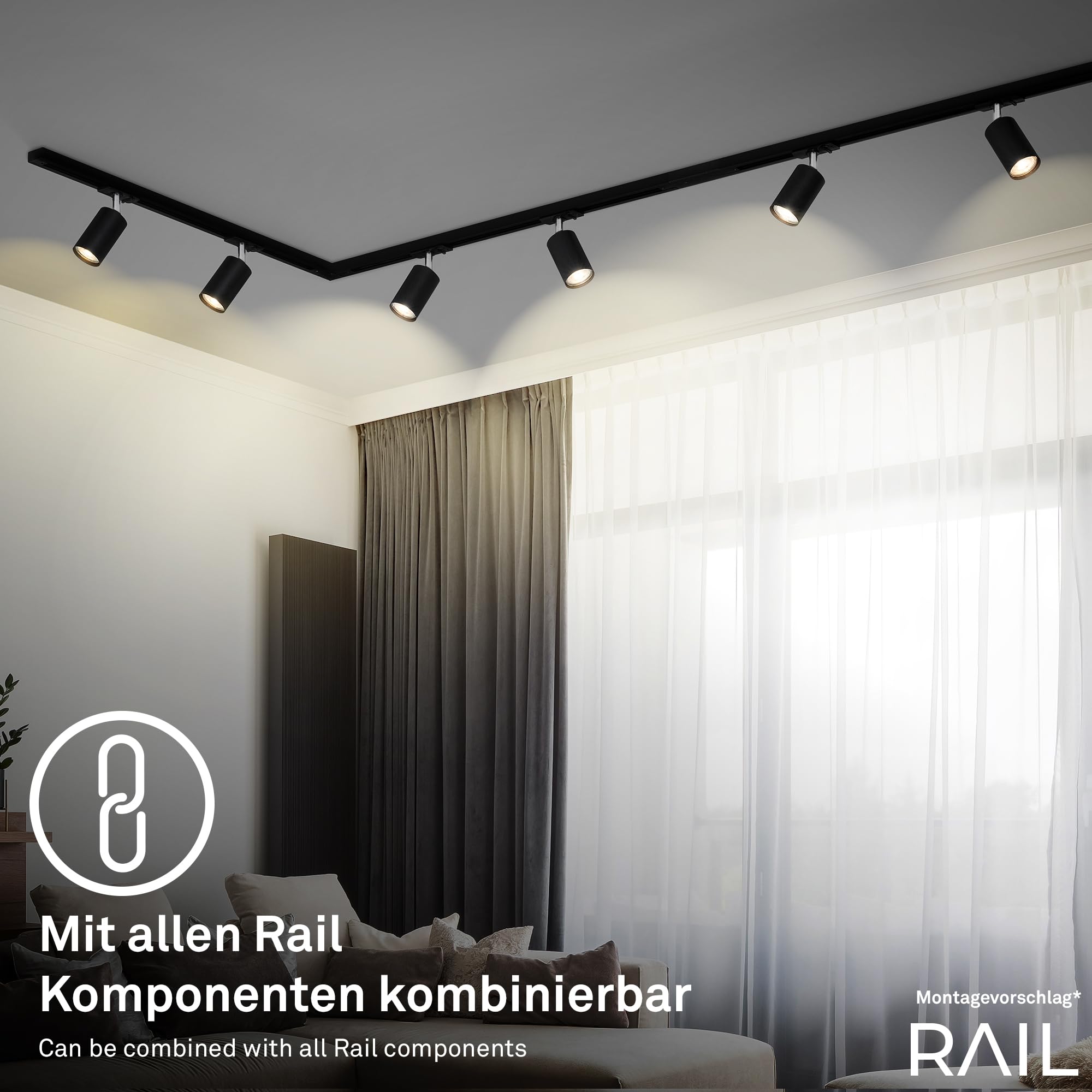 BRILONER - Système de rail Rail set complet, 6x GU10 spots orientables, forme L, système de rail d'éclairage plafond, rail de spot, lampe de plafond, plafonnier, spotlight, 2,25m, noir