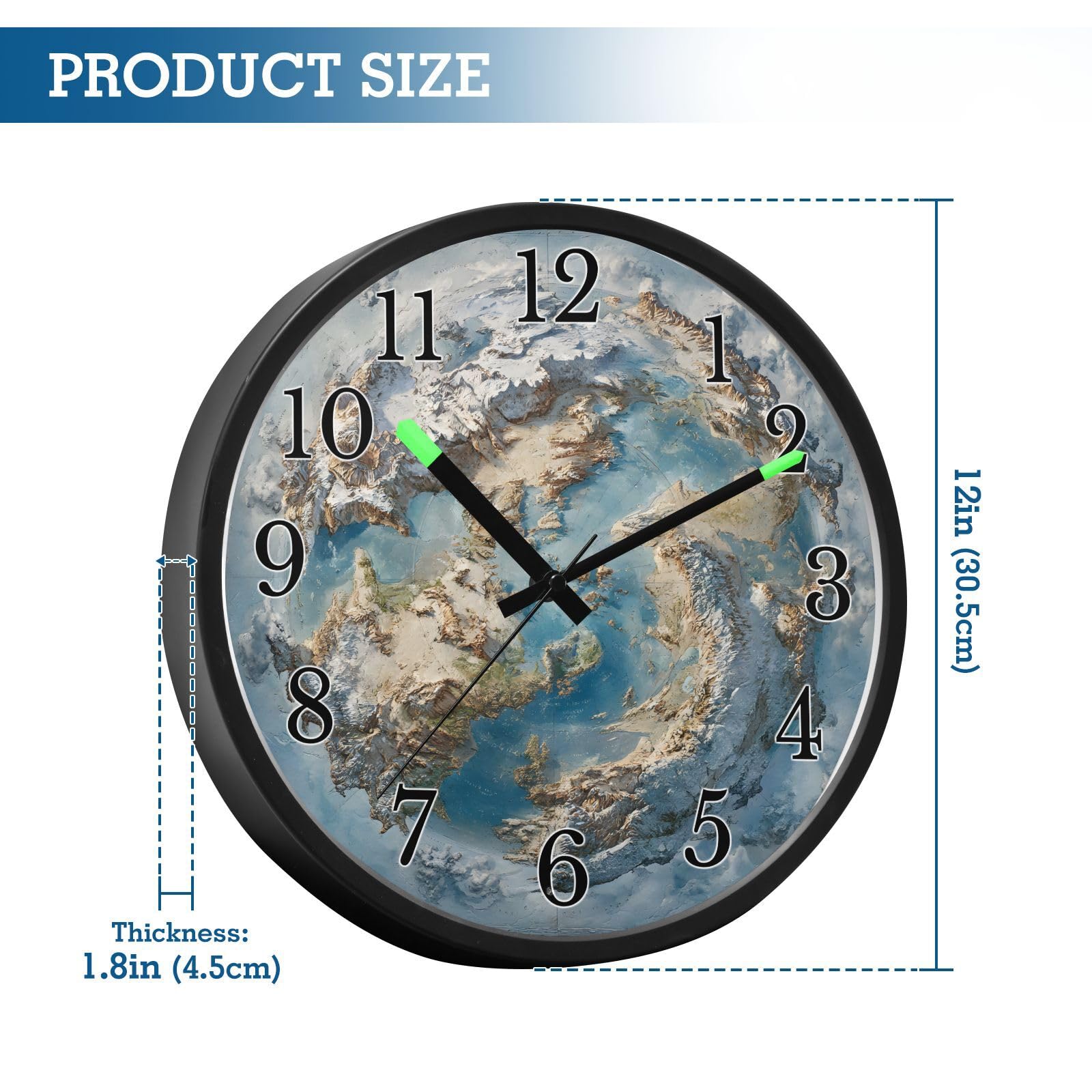Mnsruu Reloj de pared azul con mapa del mundo, luminoso, funciona con pilas, silencioso, brilla en la oscuridad, para sala de estar, cocina, 30,5 cm