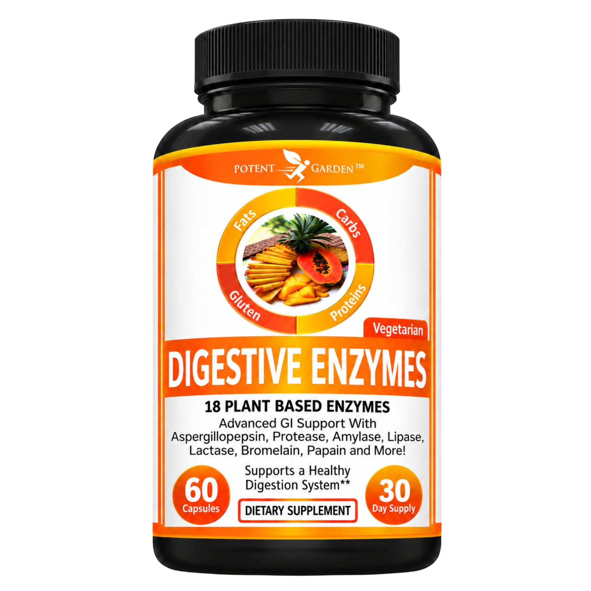 Potent Garden Multi-enzimas com 18 enzimas digestivas, 60 cápsulas