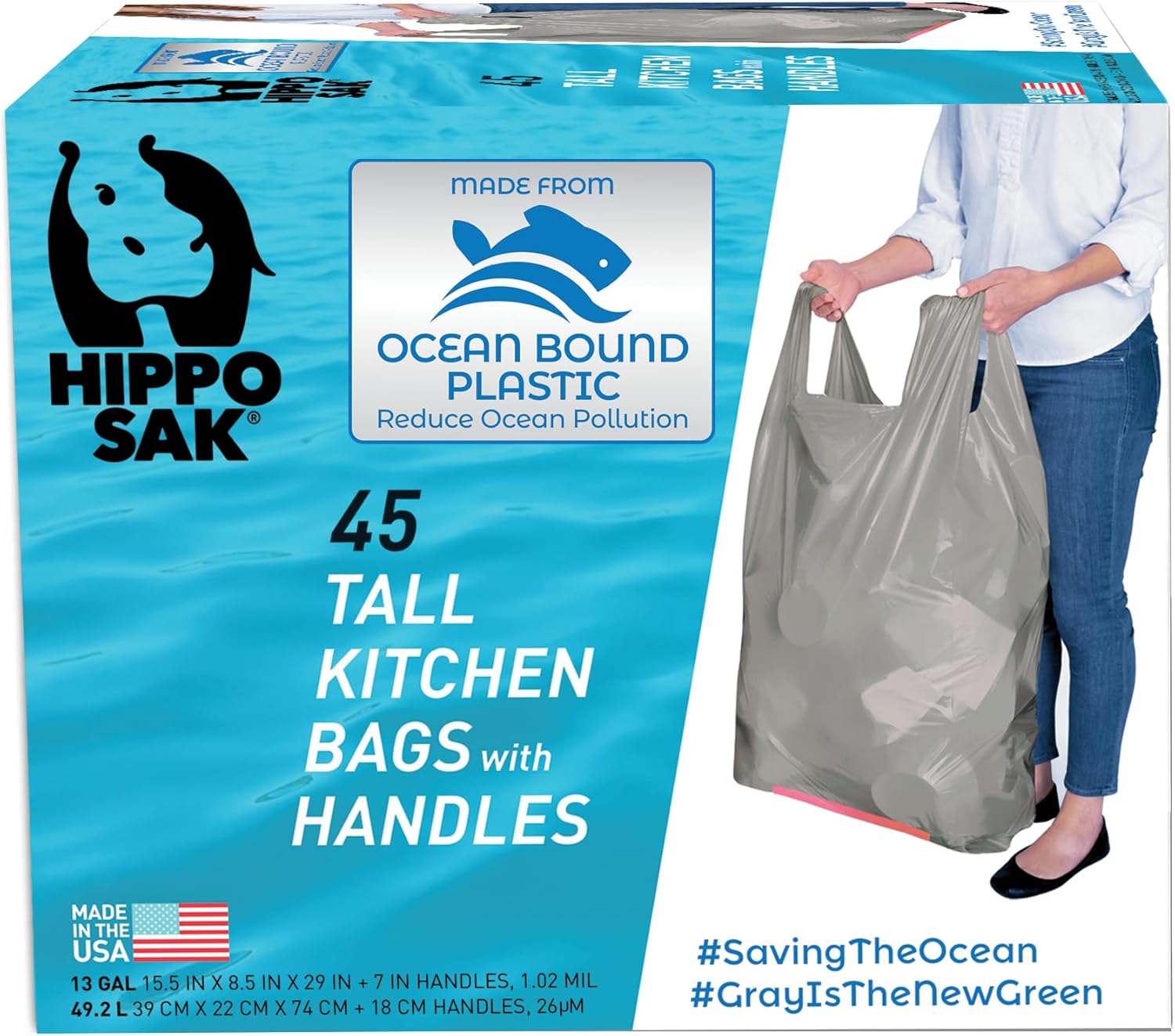 Hippo Sak – Tall Kitchen Garbage Bags with Ergonomic Handles – 13 Gallon Trash Bags Made from Recycled Ocean Bound Plastic – Super Strong and Leak Proof Tall Kitchen Trash Bags (45 Count)